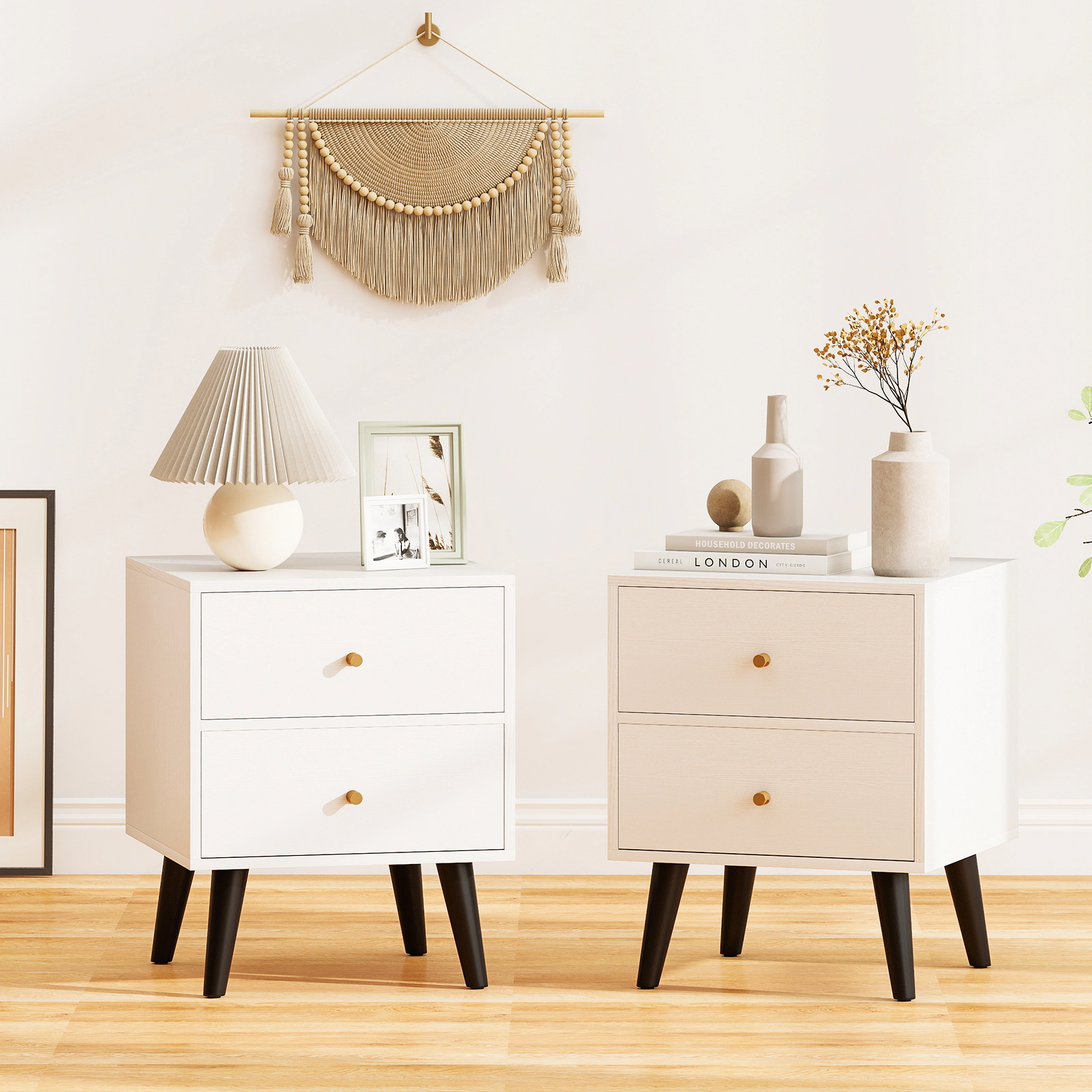 SUGIFT Set of 2 Mid-Century Nightstands, 19.5 in, White and Black