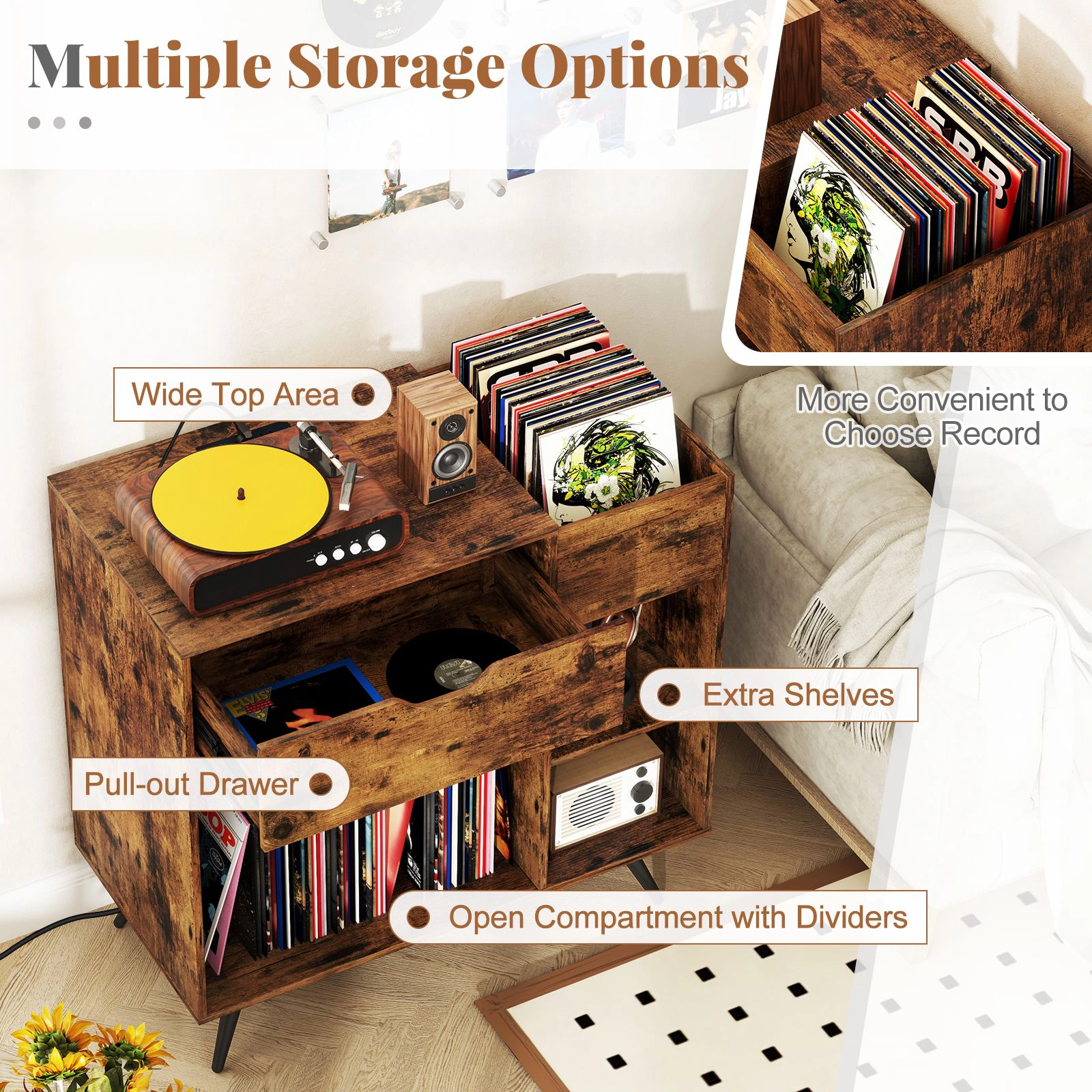 SlickBlue Record Player Stand with Power Outlet Vinyl Storage