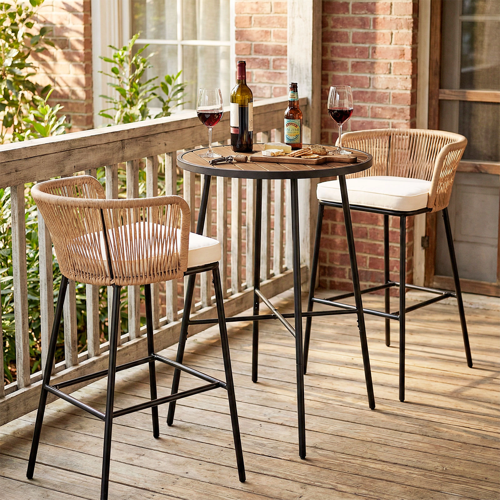 SUGIFT Outdoor Round Bar Table 41-in Tall with Acacia Wood Top and Metal Frame 180-lb Capacity Natural and Black
