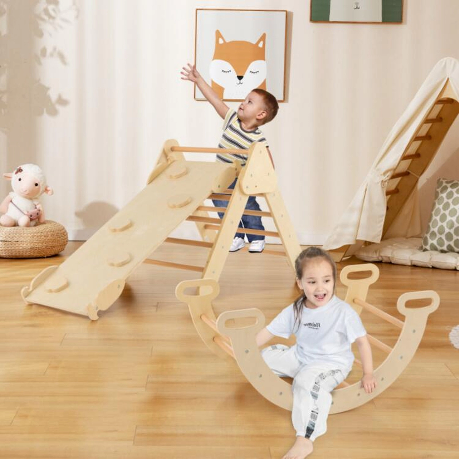 5-in-1 Wooden Pikler Triangle Set Toddler Climbing Toys Reversible Arch Ramp Adjustable Ladder 110-lb Ages 1+ Natural