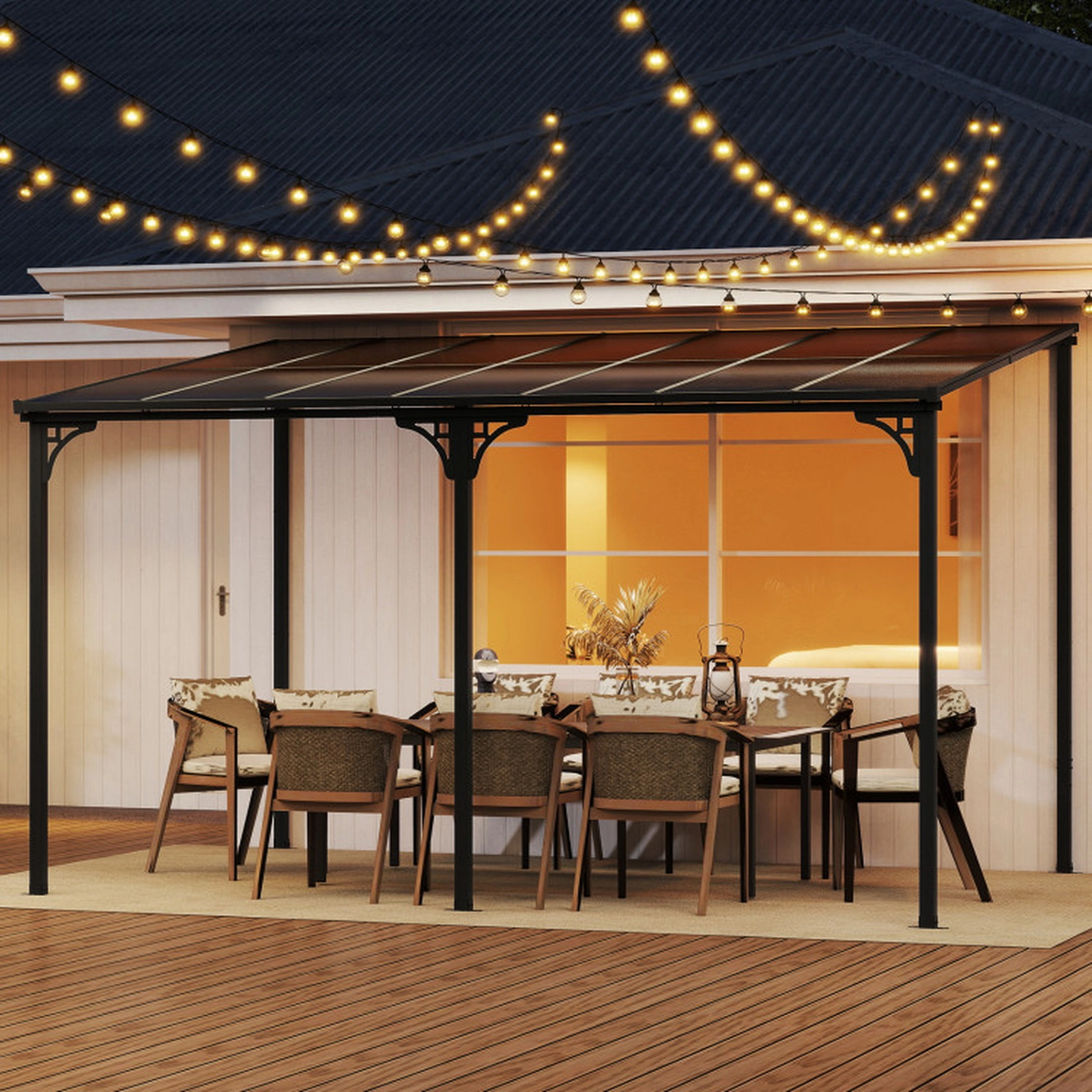 SUGIFT Black Sloped Polycarbonate Roof 13 x 10 ft Wall-Mounted Hardtop Pergola