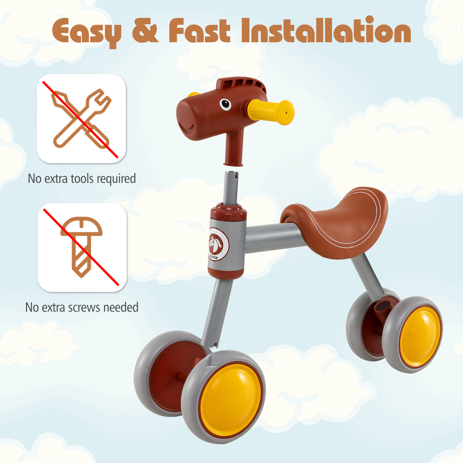 SUGIFT Brown No Pedal 4 Wheel Ride On 135 Degree Limit Steering Baby Balance Bike