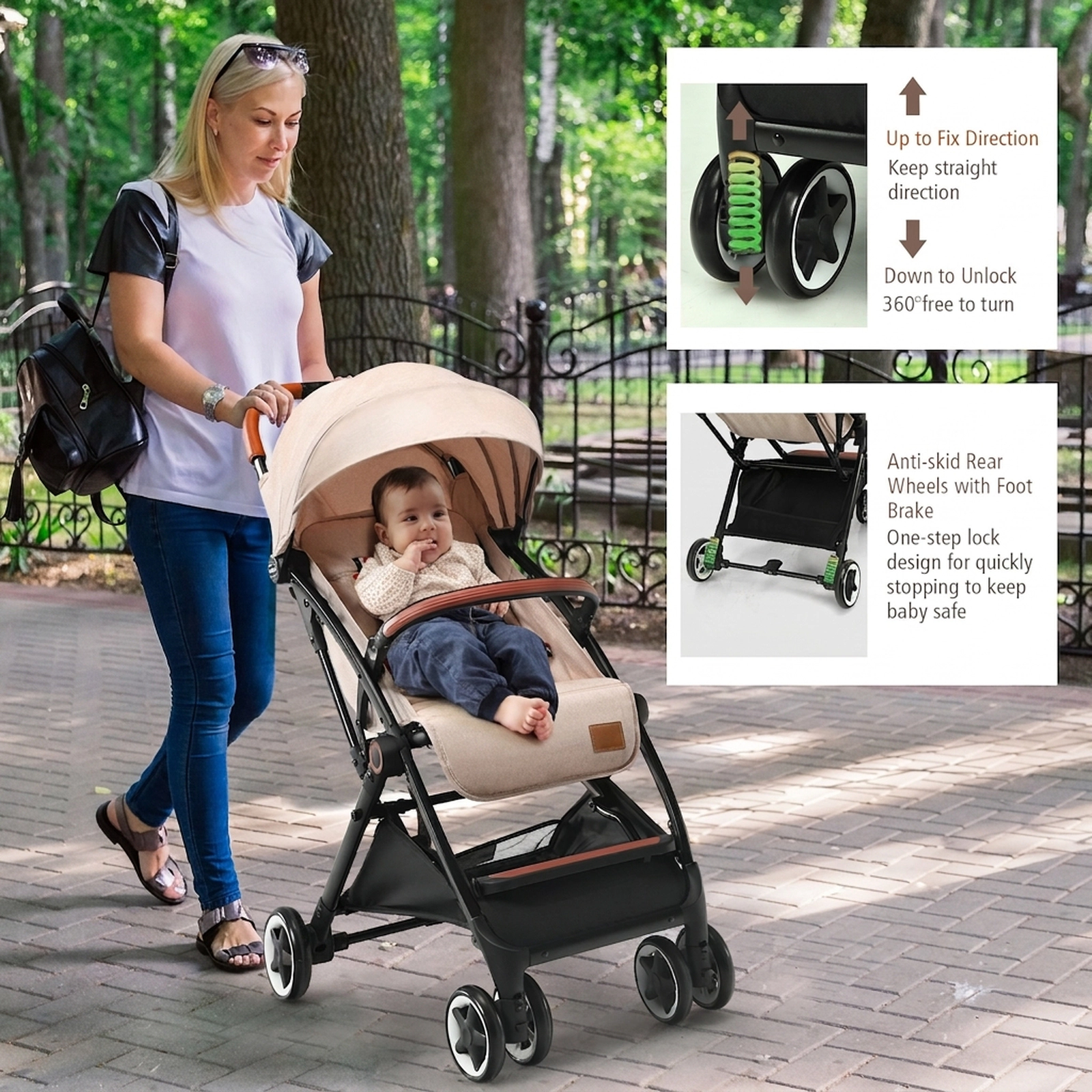 SUGIFT Baby Beige Lightweight Aluminum Stroller with Pull Rod 28.5-in W 20.5-in D 38-in H 33-lb Seat Capacity