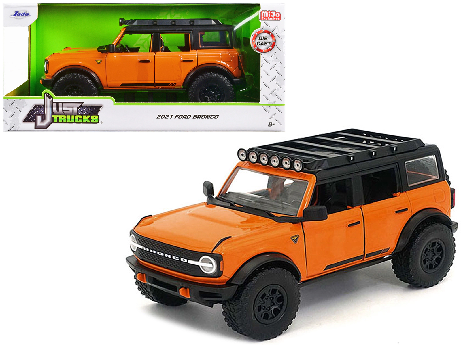 Jada 2021 Ford Bronco Orange With Black Stripes And Roof Rack "Just Trucks" Series 1/24 Diecast Model Car By Jada