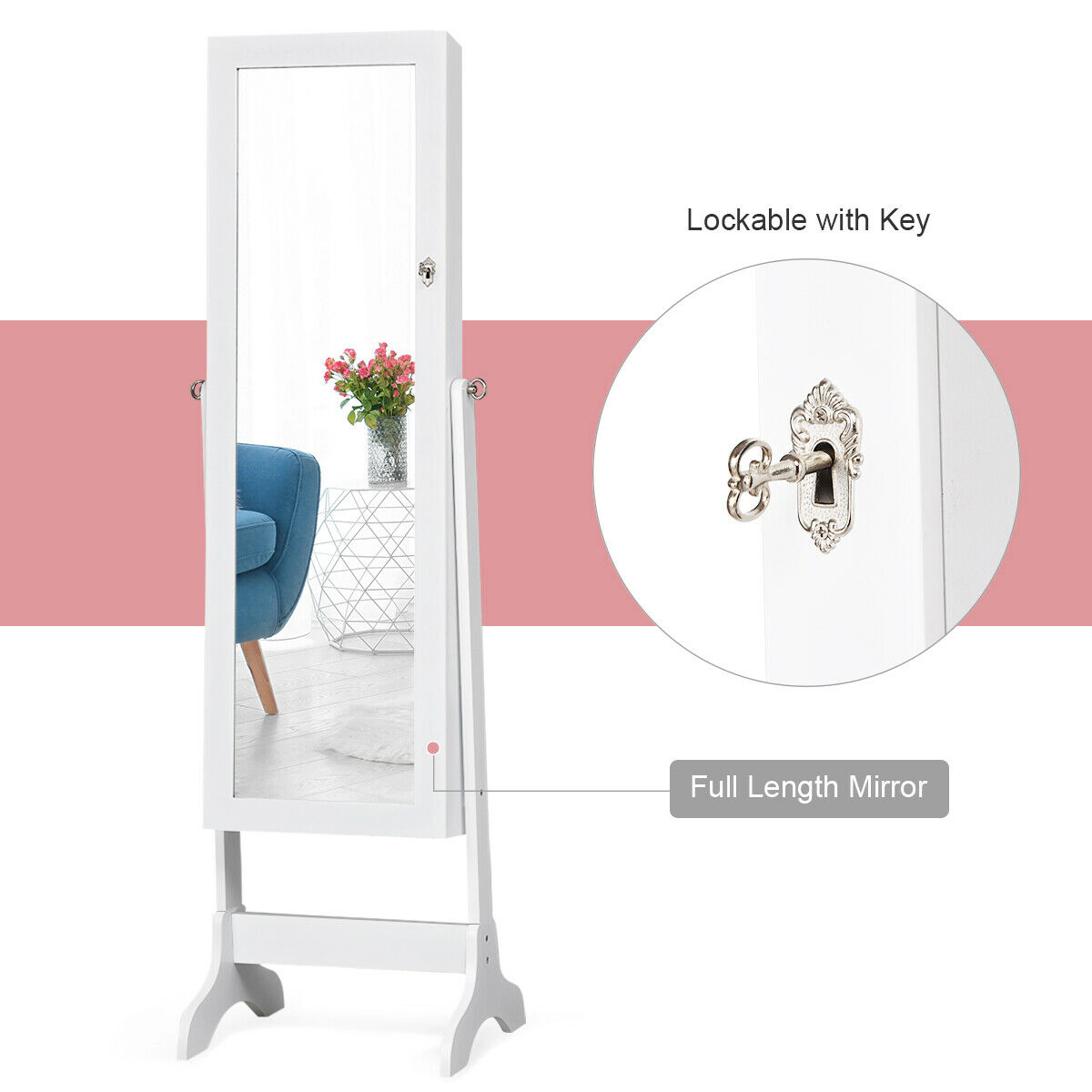 Slickblue 61.5 Inch Freestanding Lockable Jewelry Cabinet with Full-Length Mirror and 2 Storage Drawers