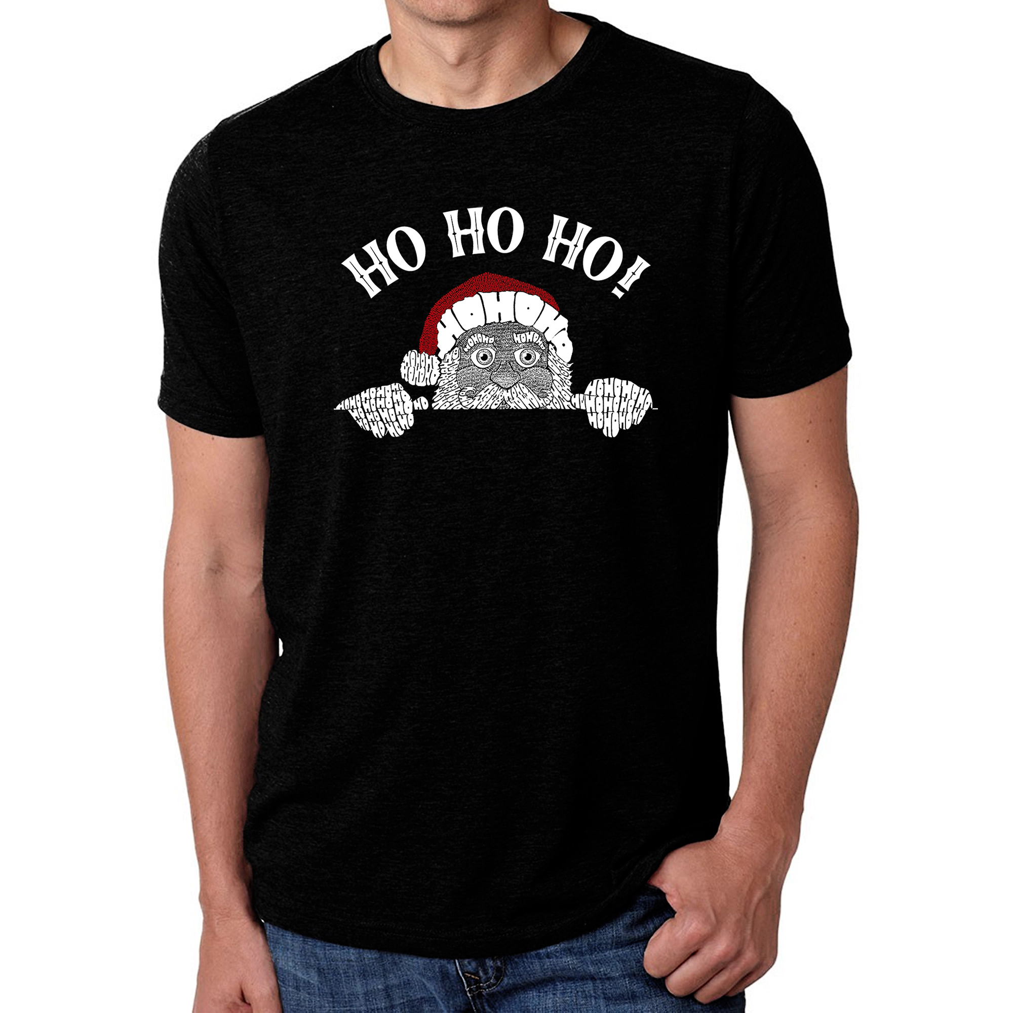 LA Pop Art Men's Cotton-Poly Word T-Shirt - Peeking Santa