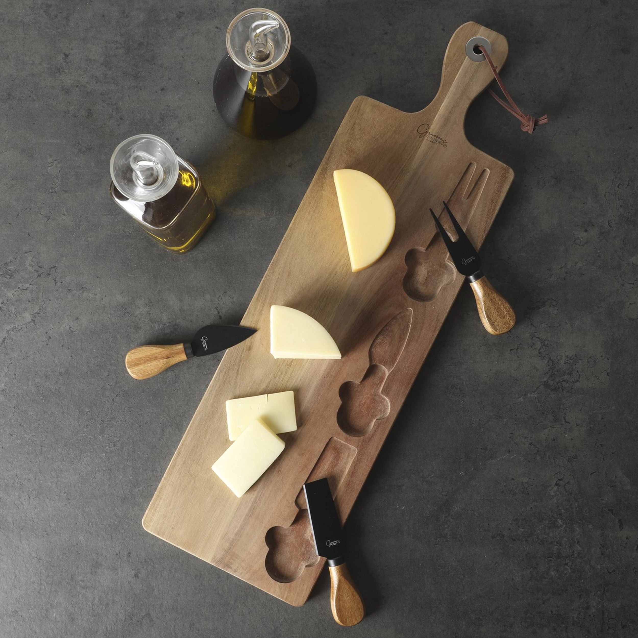 Gibson Elite Gracious Dining 4 Piece Acacia Wood Charcuterie Board With Cheese Knives in Brown