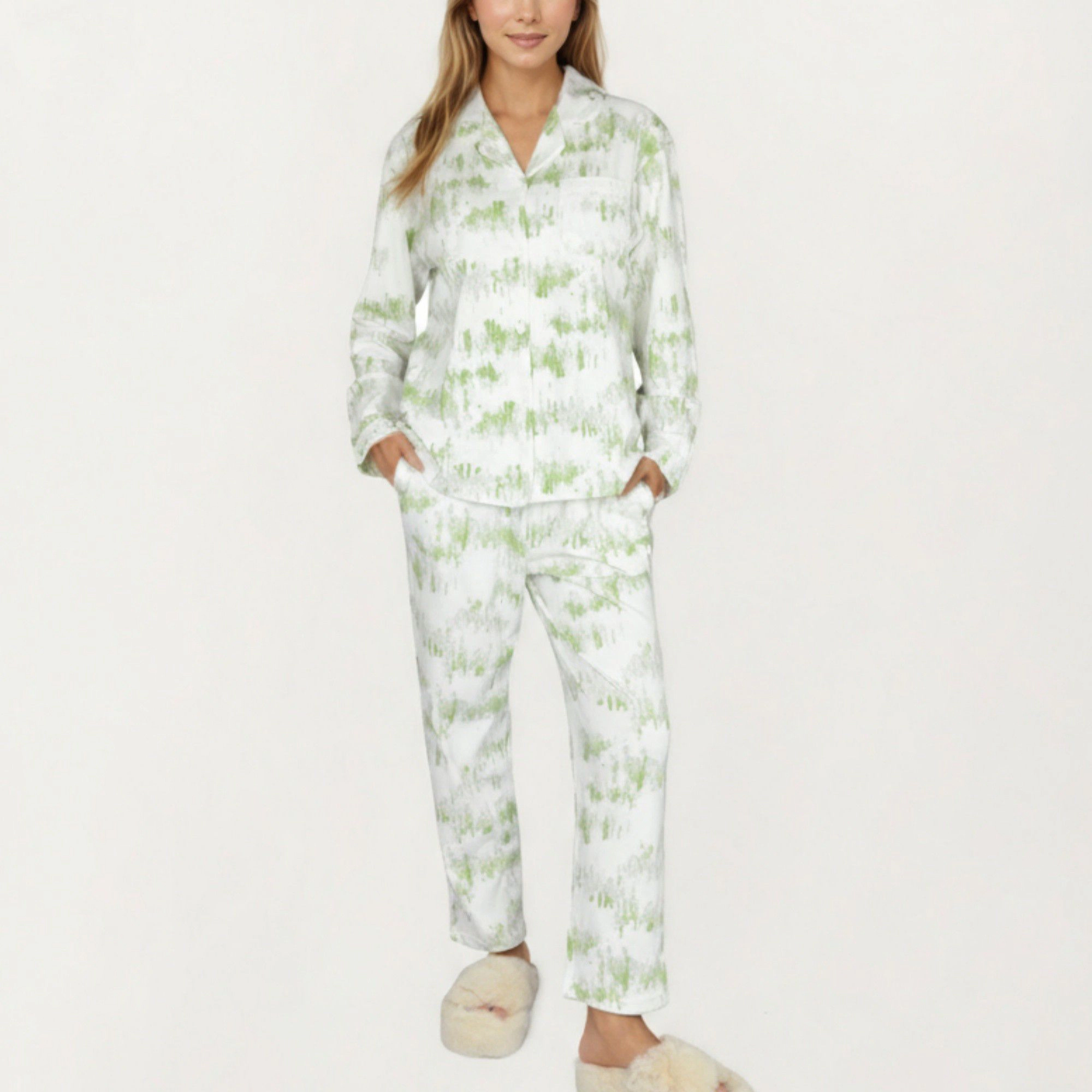 Anna-Kaci Women's 2-Piece Built-In Chest Pads Top and Relaxed Fit Pants Pajama Set with Brushstroke Print
