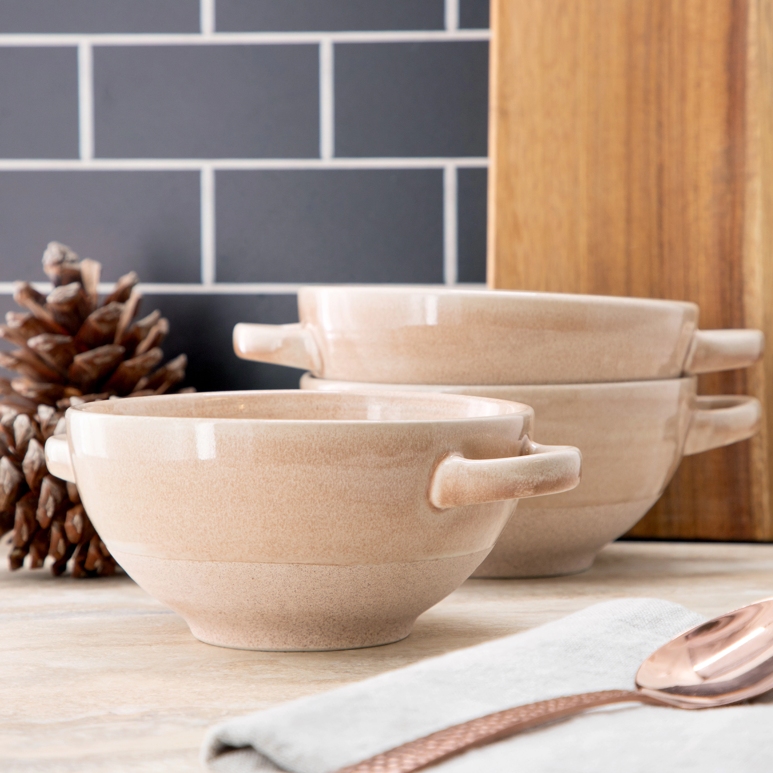 Gibson Elite Orchard Bay 6 Piece Inch Stoneware Soup Bowls with Handles Red