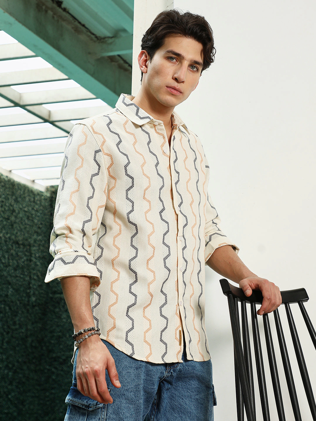 Off White Zigzag Pattern Full Sleeve Cotton Blend Shirt