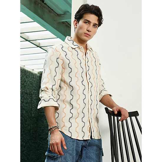 Off White Zigzag Pattern Full Sleeve Cotton Blend Shirt