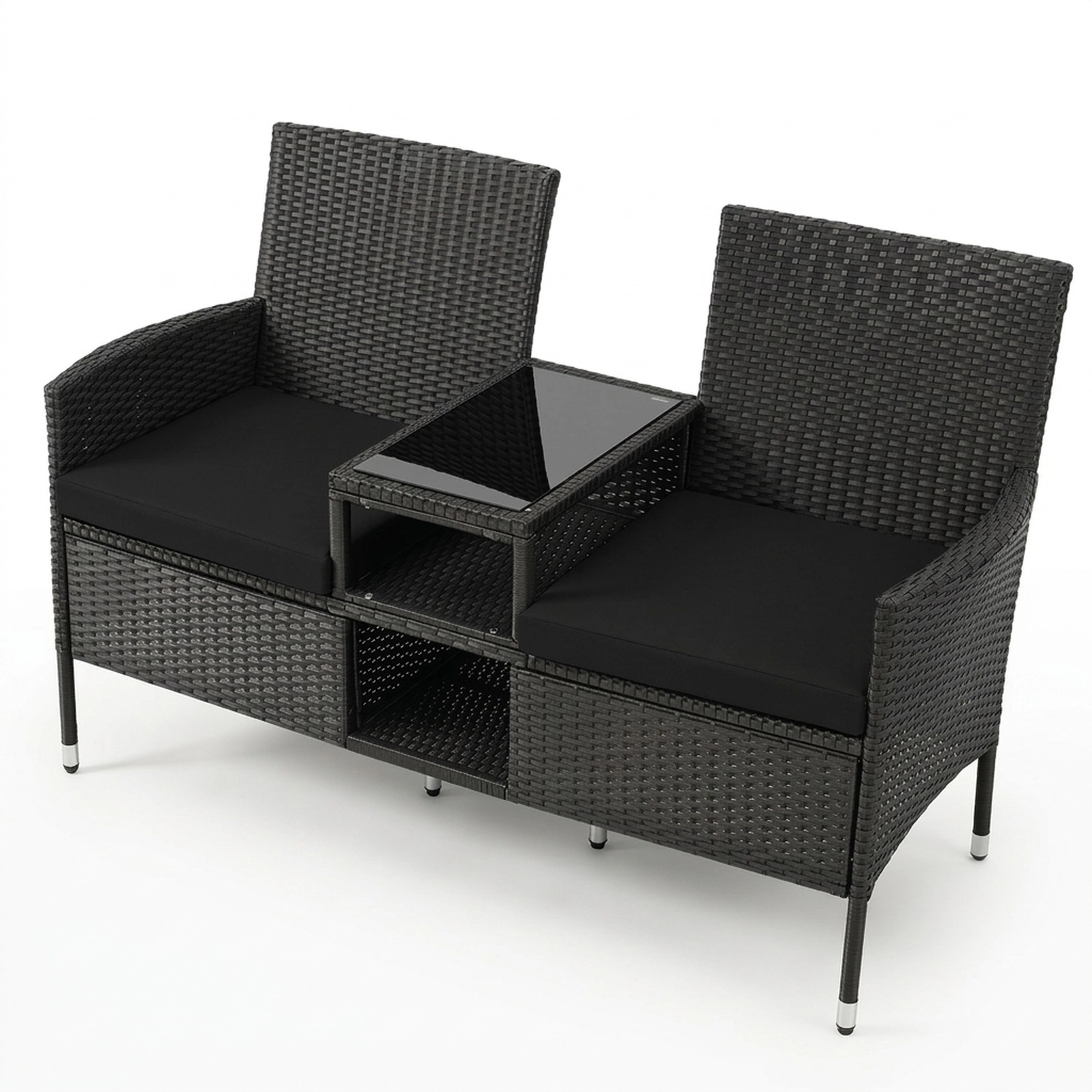 SUGIFT Glass Side Table and Storage Shelves Outdoor Wicker Patio Loveseat