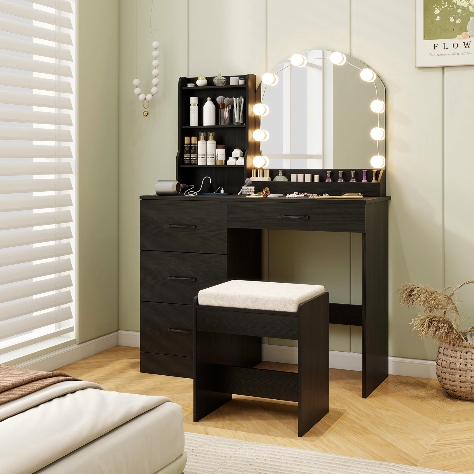 LJG Makeup Vanity Desk Dressing Table and Stool Set with Mirror Lights