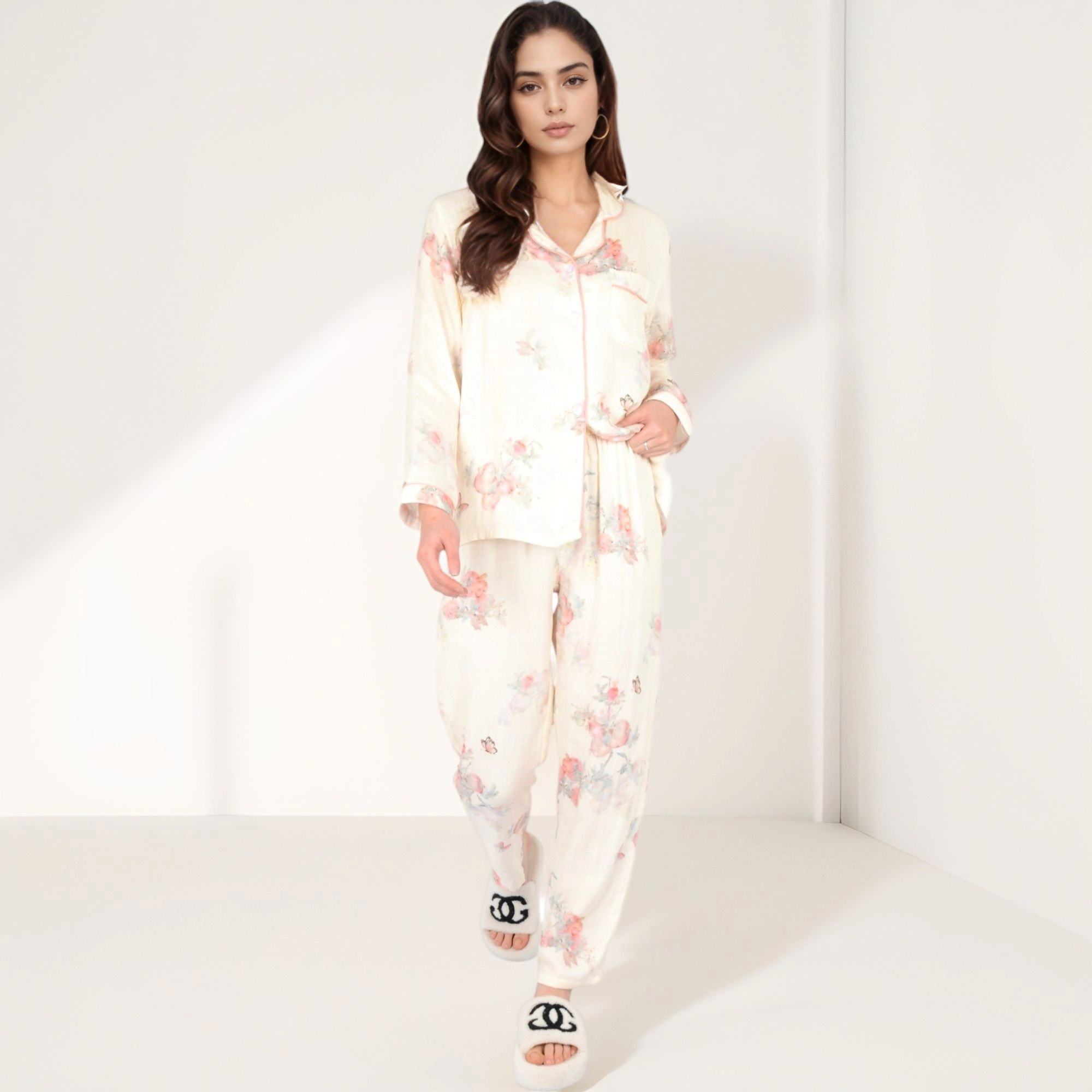 Anna-Kaci Women's Floral Butterfly Print Long Sleeve Pajama Set with Button Up Top Chest Pocket and Relaxed Fit Pants