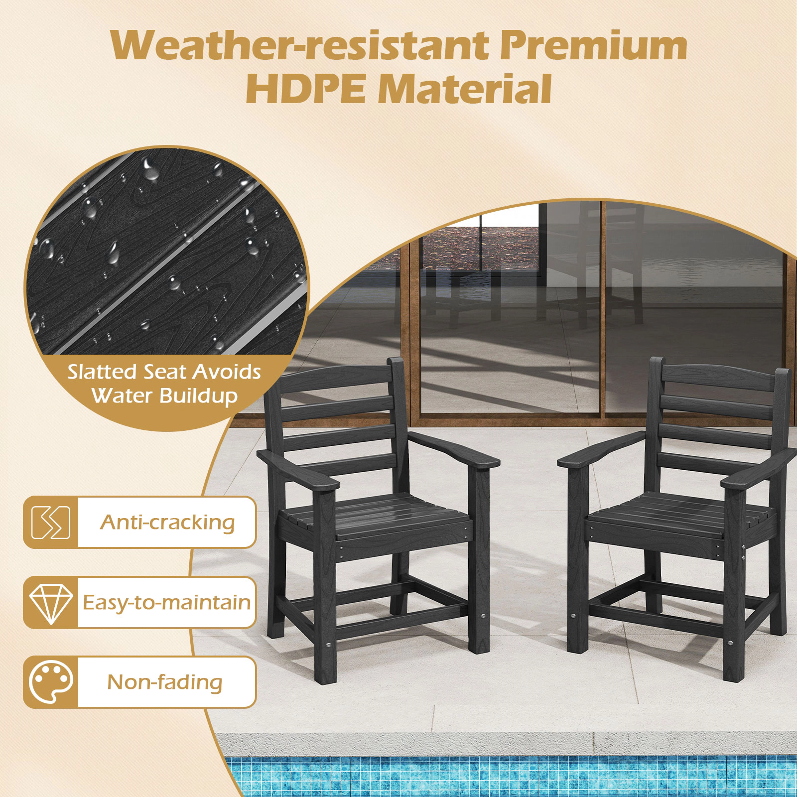 LJG HDPE All Weather Patio Dining Chairs Set of 2 with Wide Armrests