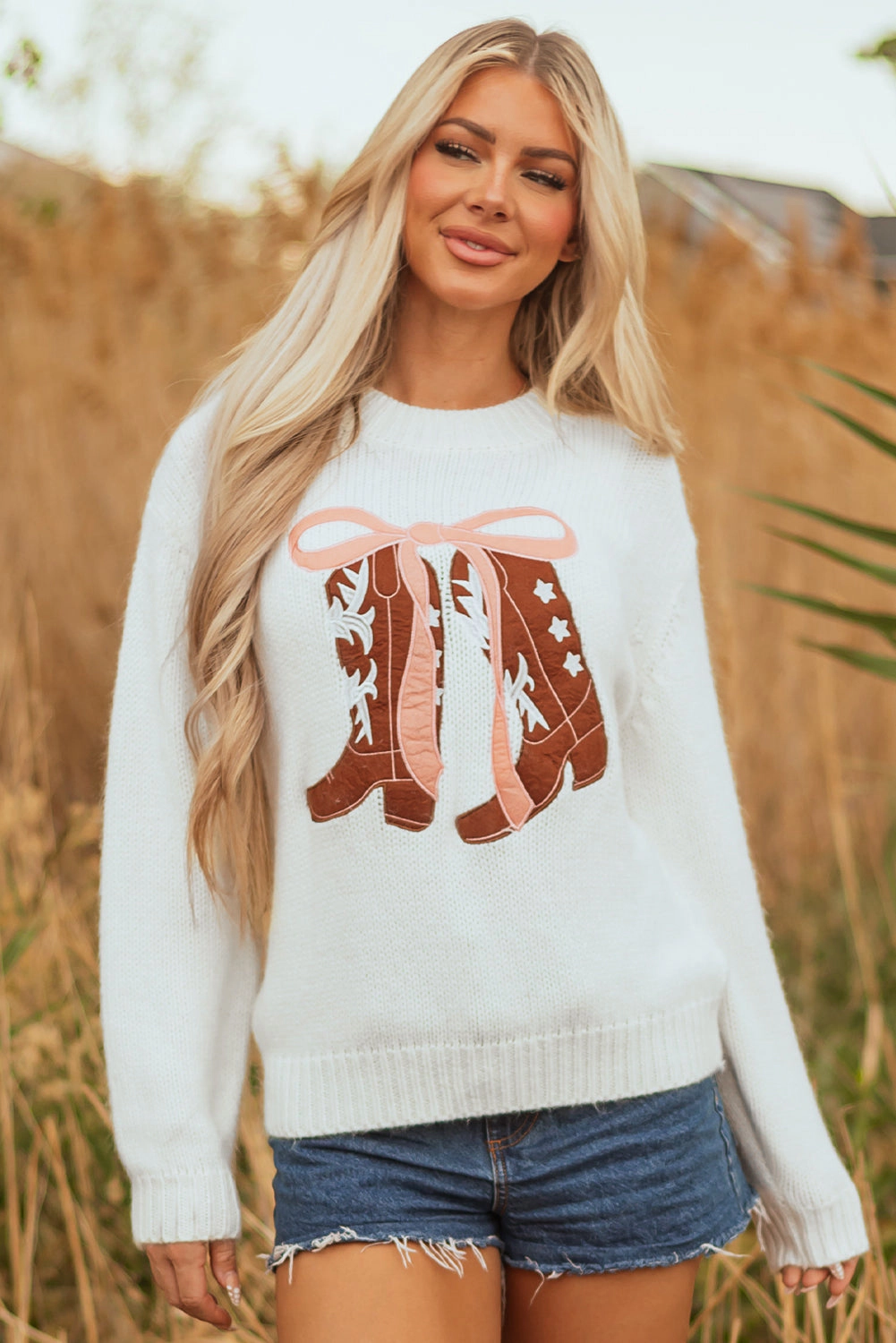 Threaded Pear Women's Amanda Embroidered Bow Boots Sweater