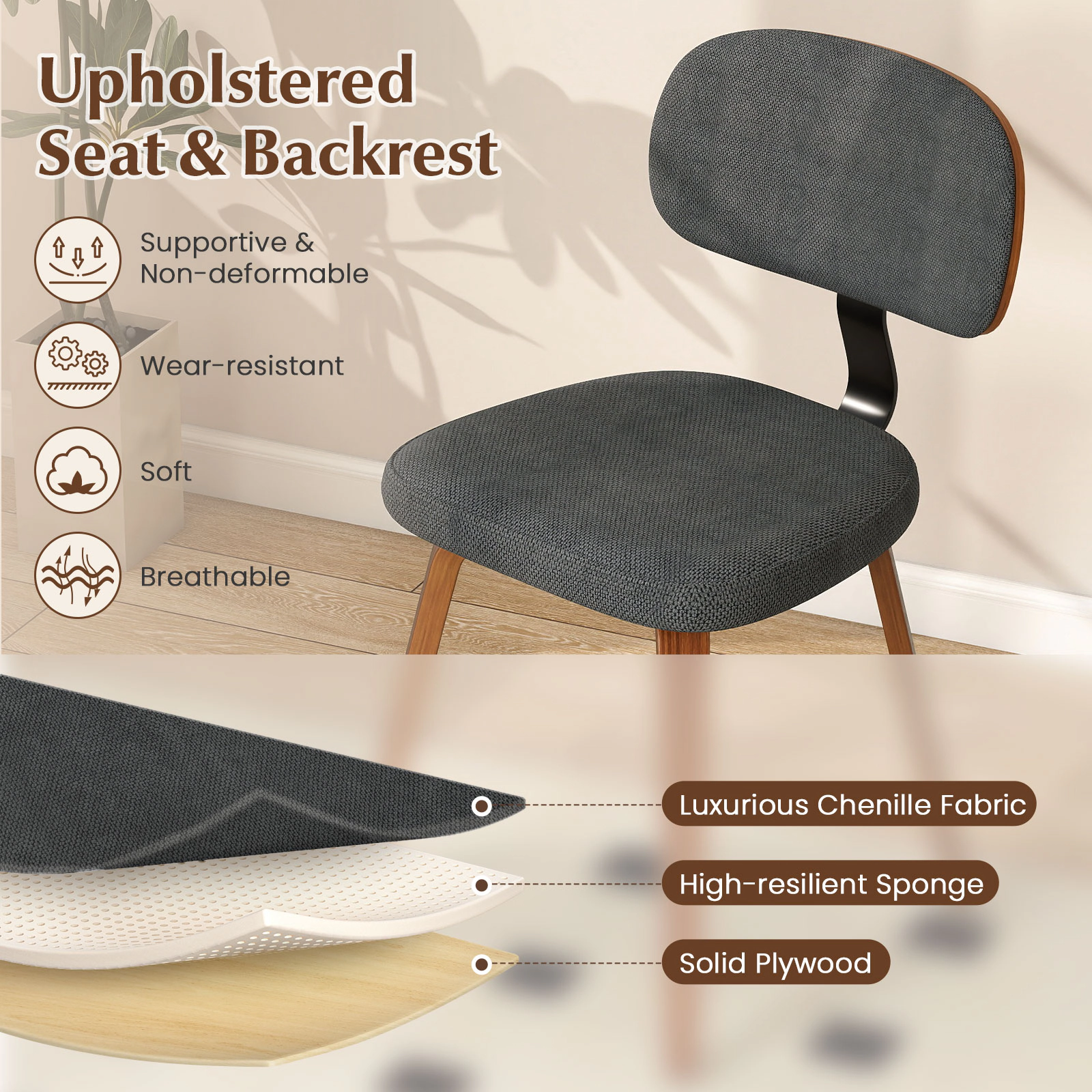 SUGIFT Chenille Fabric Upholstered Wooden Dining Chairs Set of 2 330-Lb Capacity Dark Gray