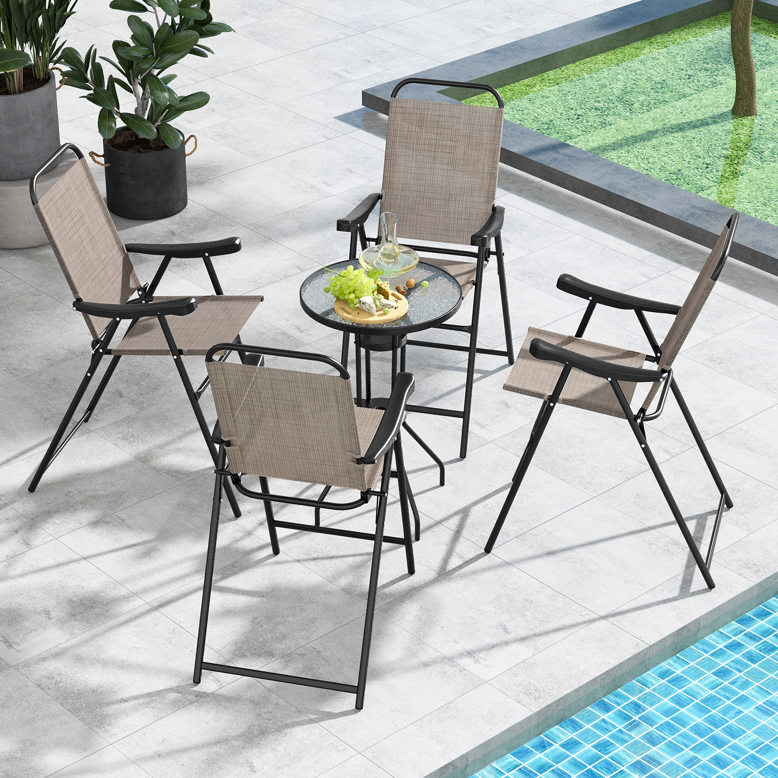 SUGIFT Coffee Metal Frame Armrests and Footrest Set of 4 Patio Folding Bar Stool