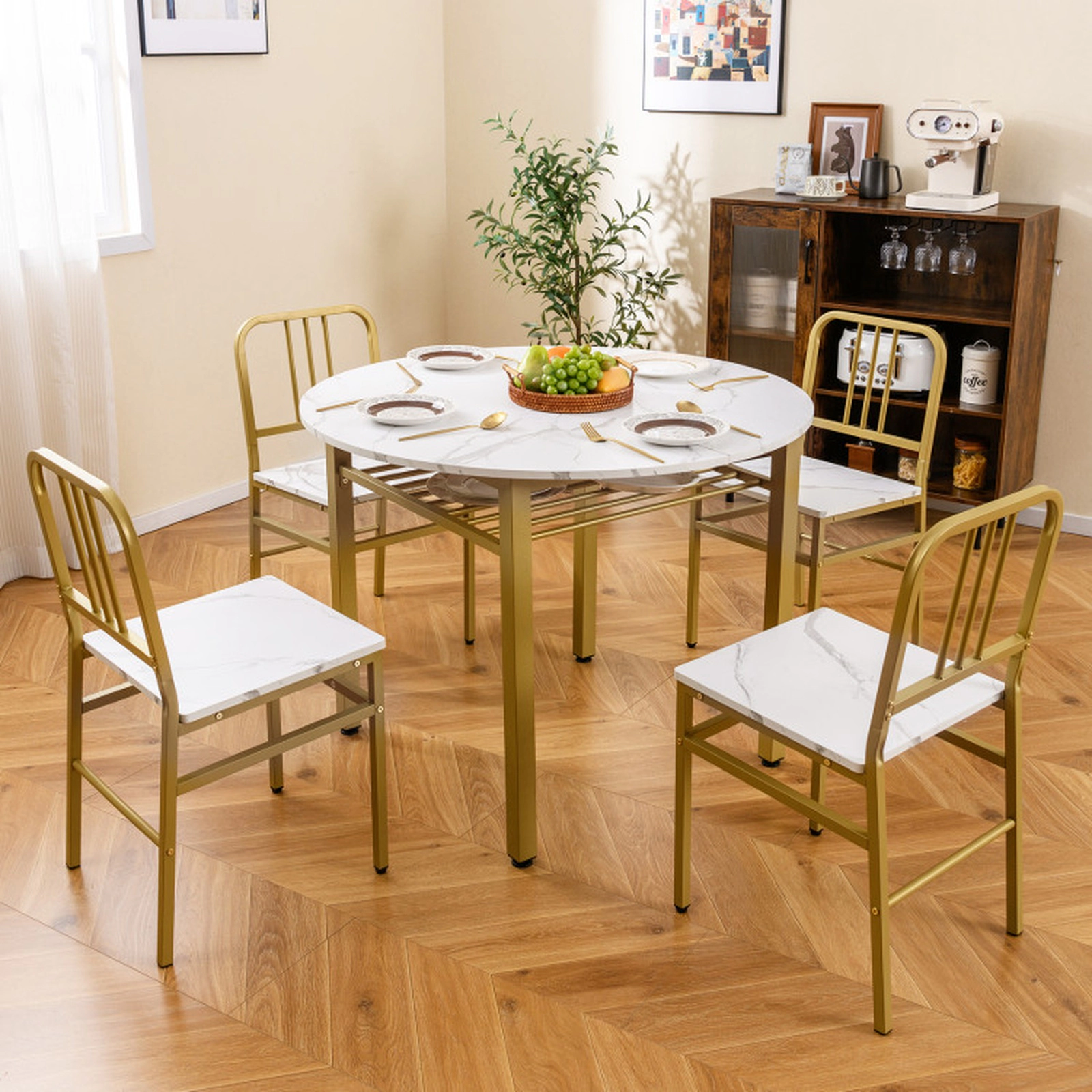 SUGIFT 5-Piece Round Dining Set with Storage Shelf 250-lb Table Capacity 330-lb Chair Capacity White + Gold