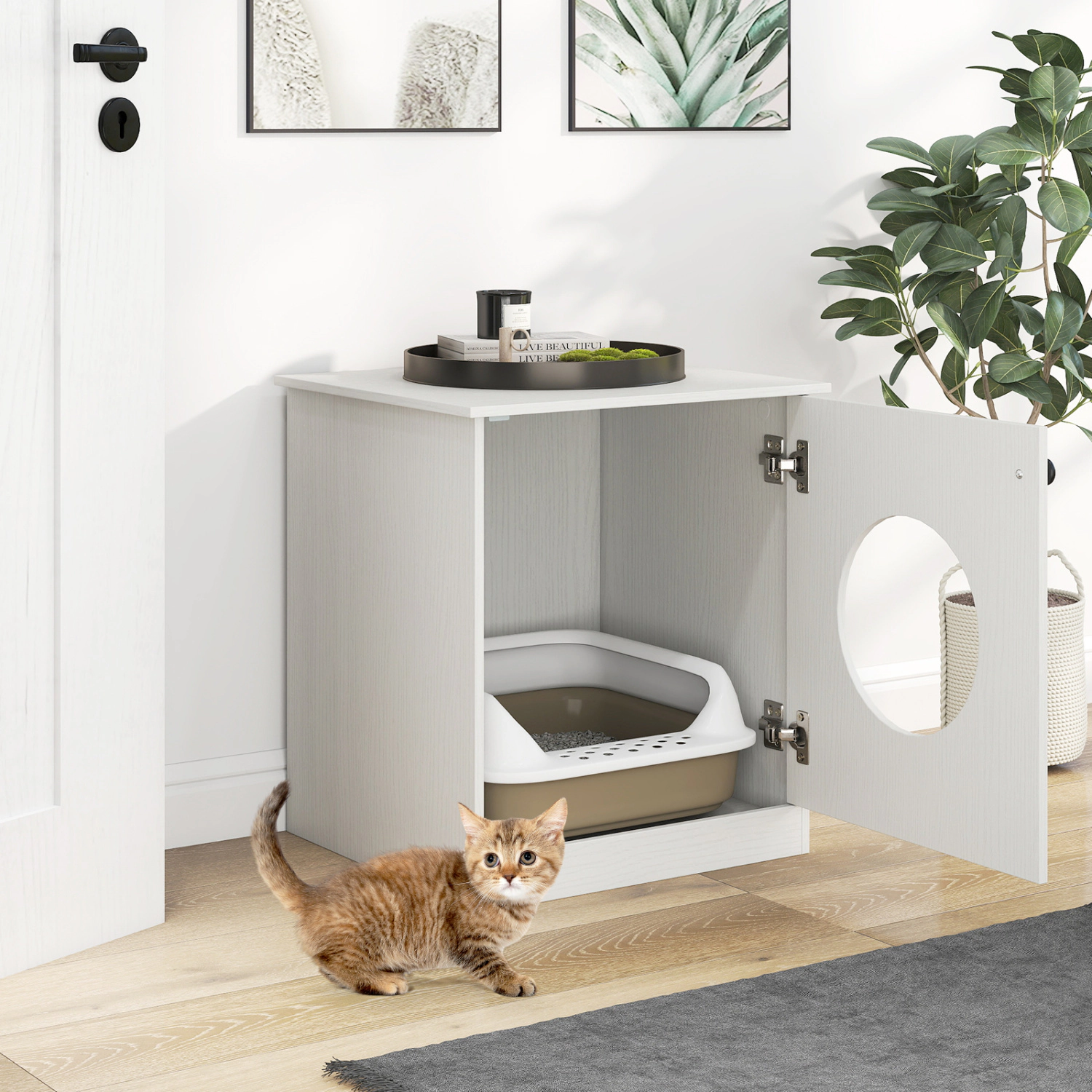 SUGIFT White Cat Litter Box Enclosure with Openable Door 20-in W 18.5-in D 22-in H 110-lb Tabletop Capacity