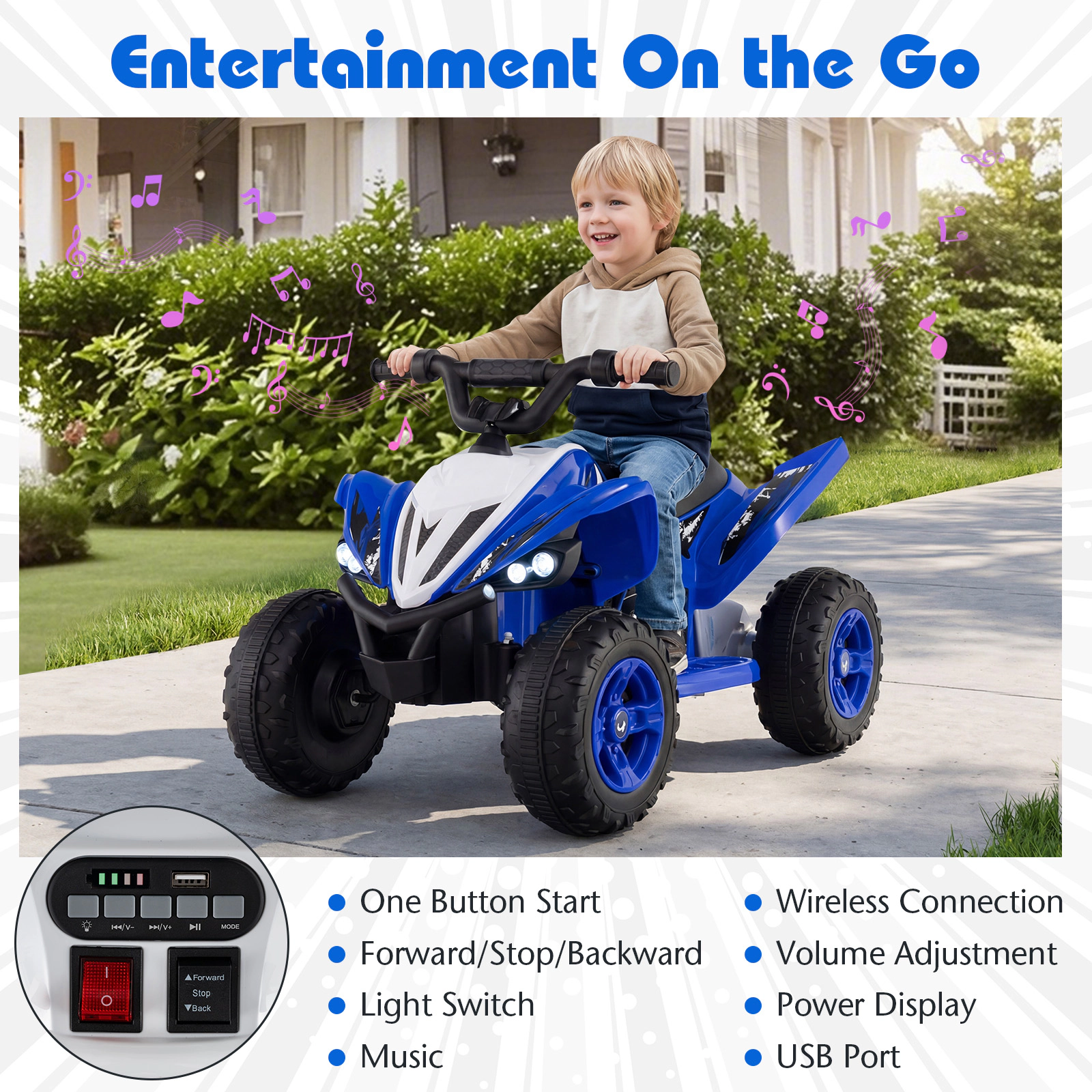 SUGIFT 12V Rechargeable Kids Ride On ATV 4-Wheeler Quad with LED Headlights 7-mph Max Speed 66-lb Capacity Ages 3+ Navy