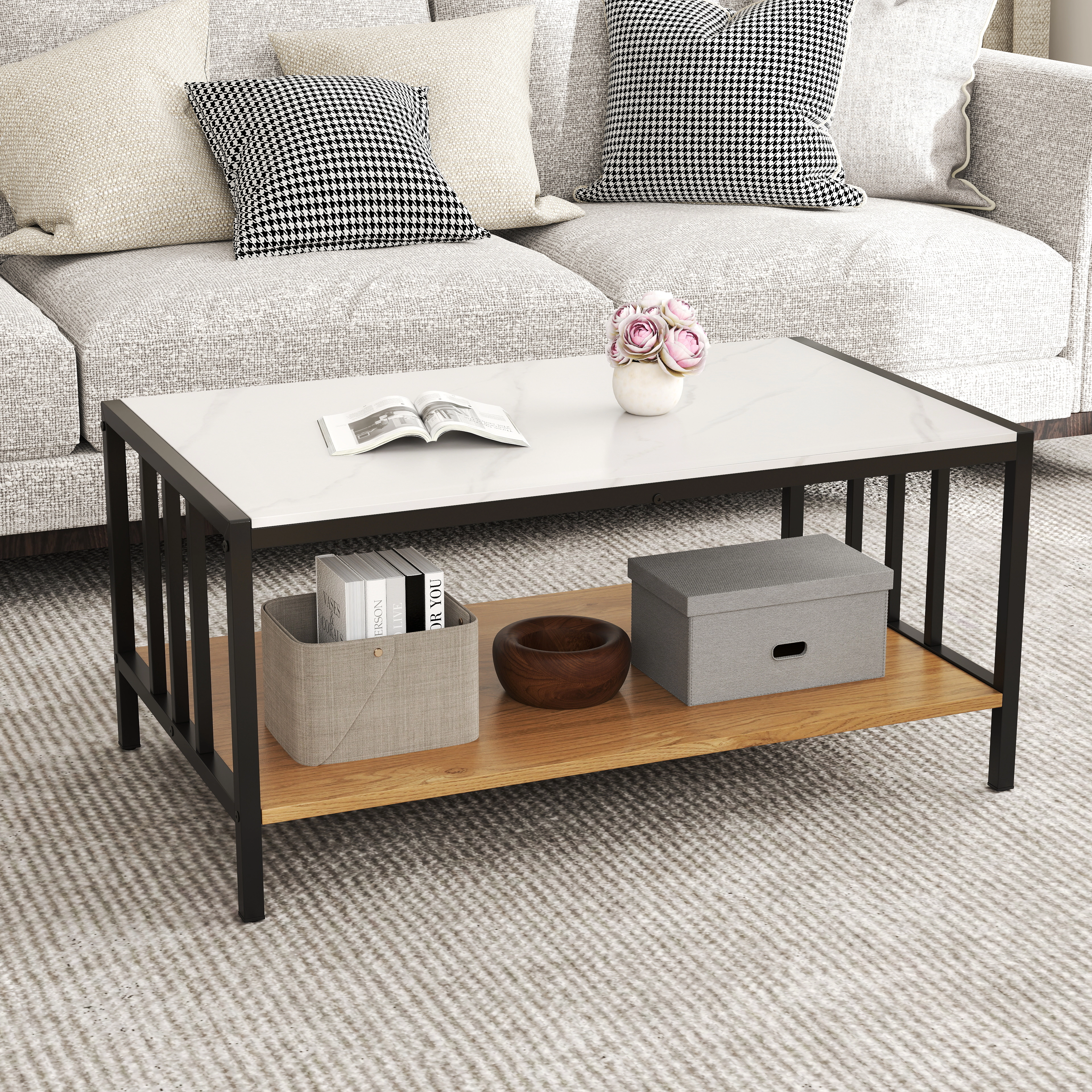 Glintex 2-Tier 33.5-Inch Coffee Table with Sintered Stone Top and Metal Frame, White Black & Natural