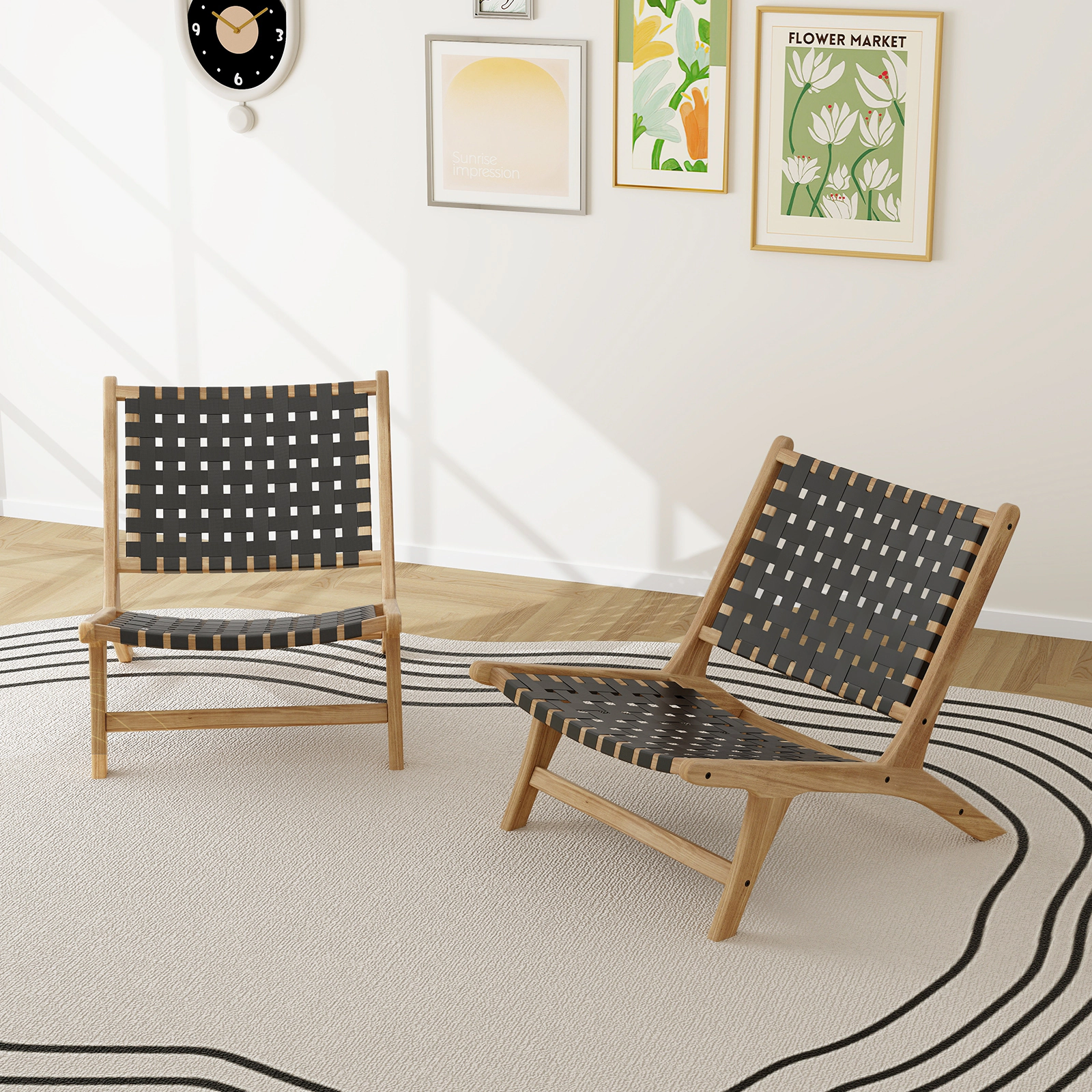 LJG Modern Armless Teak Wood Lounge Chair with Nylon Woven Backrest and Seat