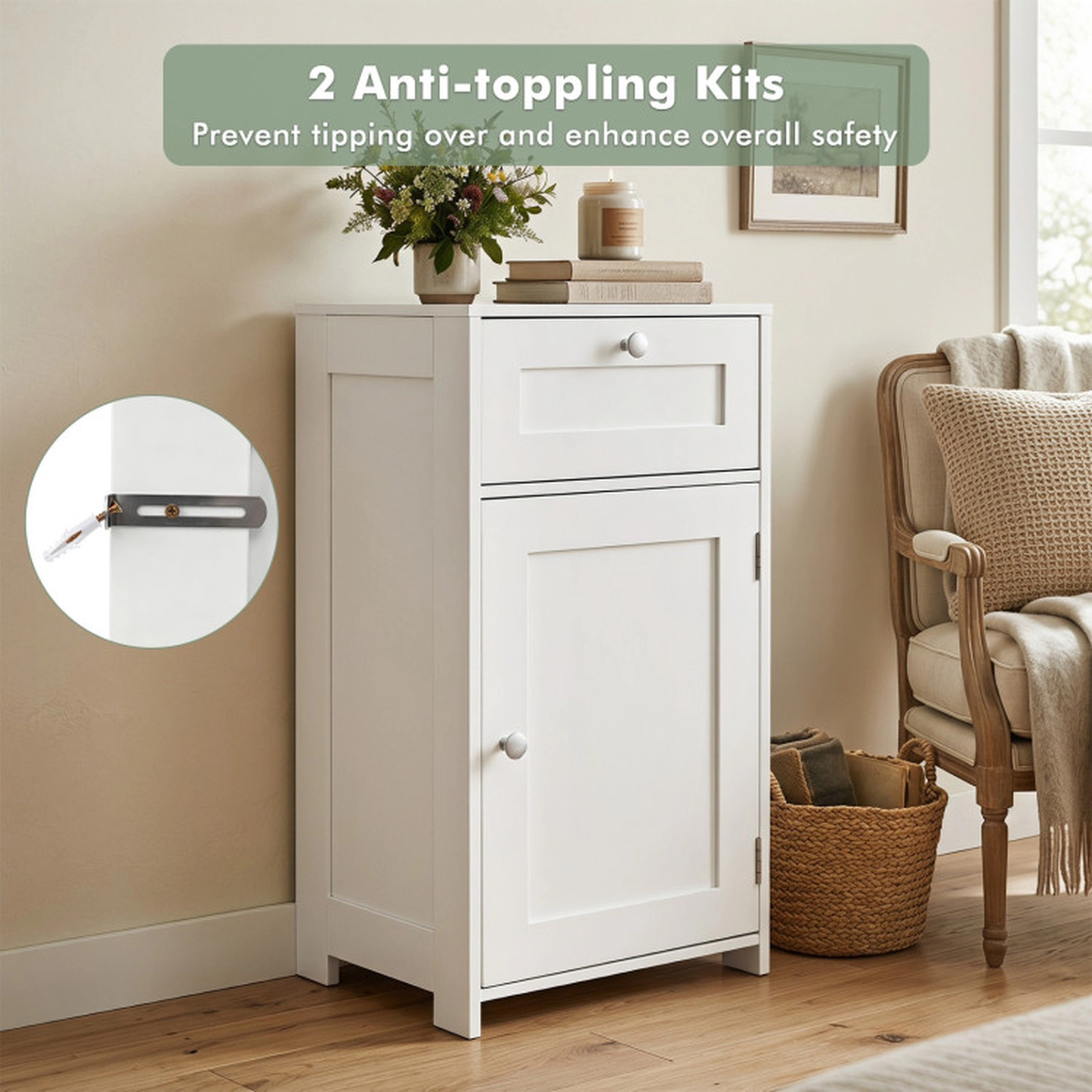 SUGIFT Single Door Drawer Adjustable Shelf Bathroom Storage Cabinet 17-in x 13.5-in x 30.5-in 220-lb Capacity White