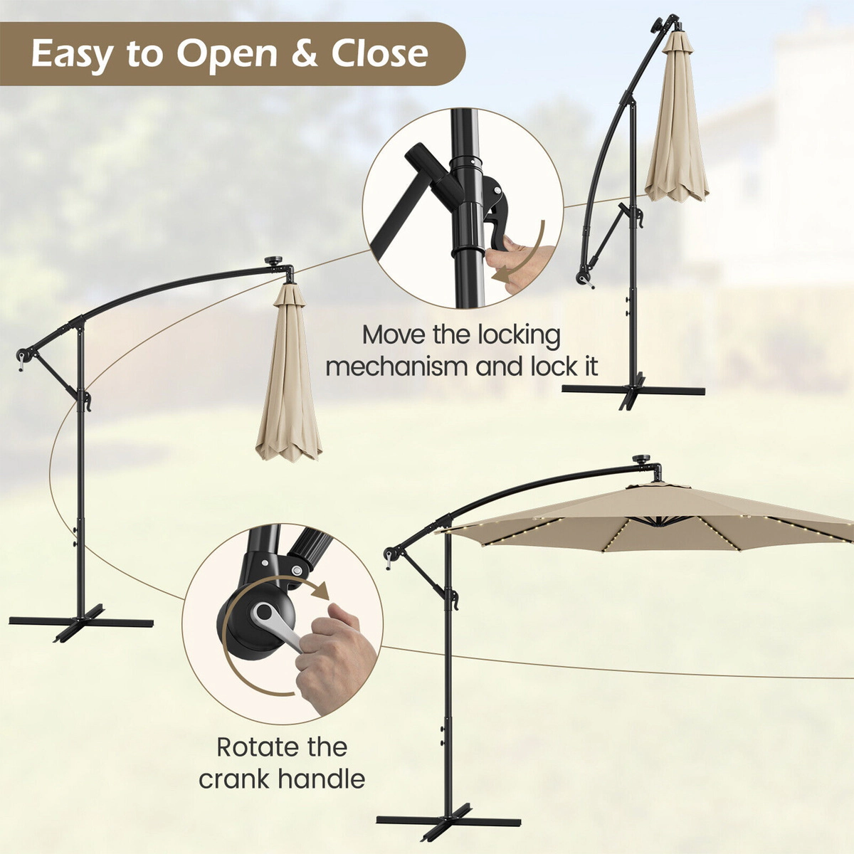 SUGIFT 10-ft Solar-Powered LED Offset Patio Umbrella with 112 Lights 10 x 8-ft Canopy and Crank Tilt Beige