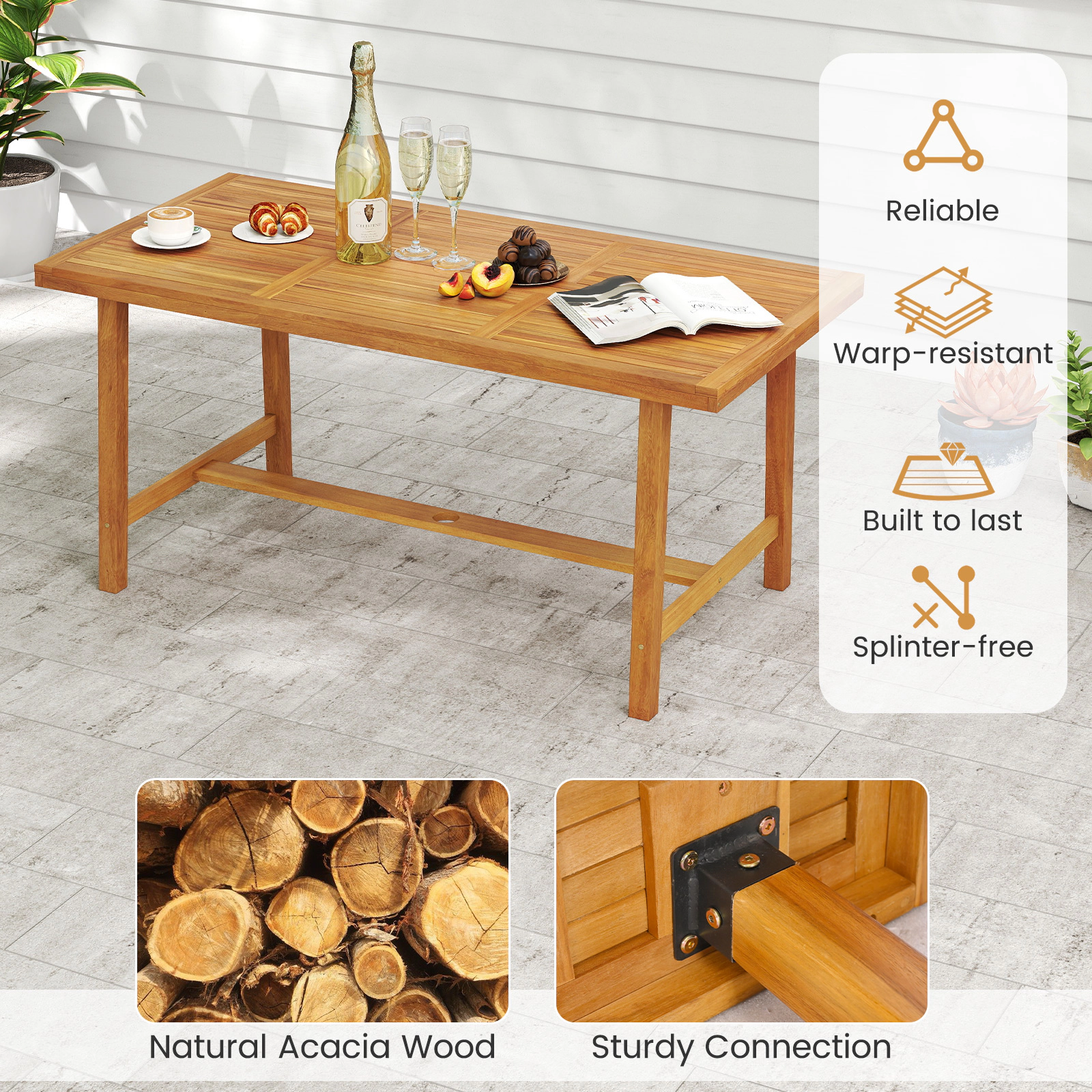 SUGIFT Acacia Wood 63-in Dining Table for 6 People with 1.97-in Umbrella Hole 165-lb Capacity Indoor Outdoor Natural