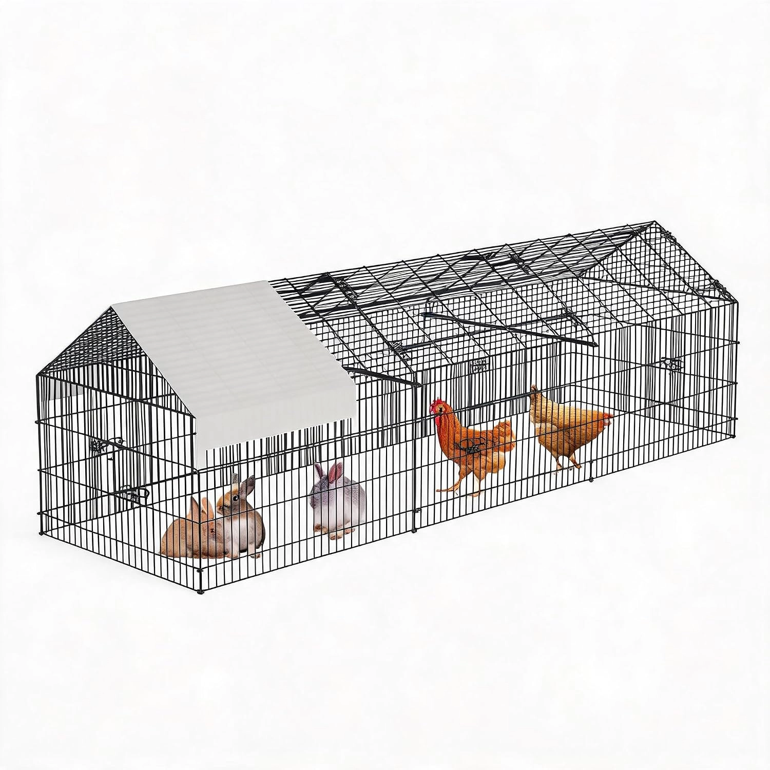 Metal Chicken Run Pen with Waterproof Cover, Portable Outdoor Poultry Coop for Duck Hen Rabbit, Black
