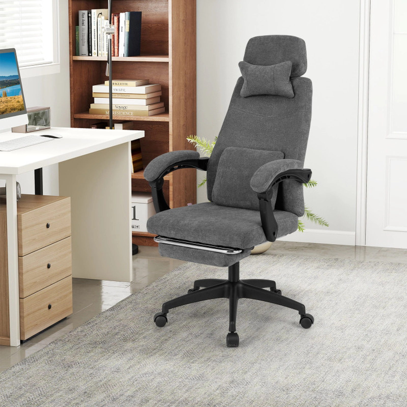 SUGIFT 350-lb Capacity Gray Chenille Reclining Computer Desk Chair with Retractable Footrest and Head Pillow
