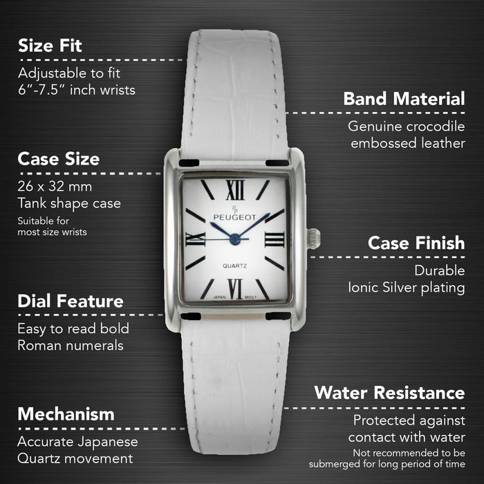 Peugeot Women's Tank Watch Roman Dial White Leather Strap