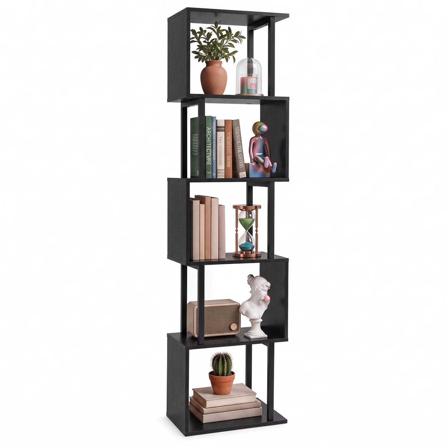 LJG 5-Tier S-Shaped Bookshelf with Open Cubes & Anti-Toppling Kits for Living Room