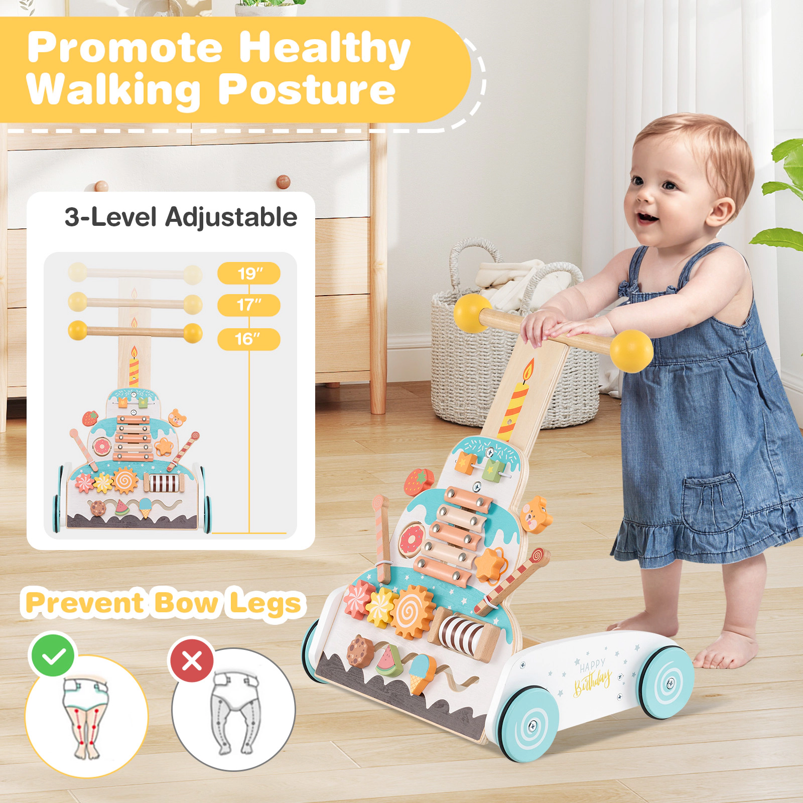 SUGIFT White 3 Adjustable Handle Heights and Smooth Rubber Wheels Wooden Baby Walker