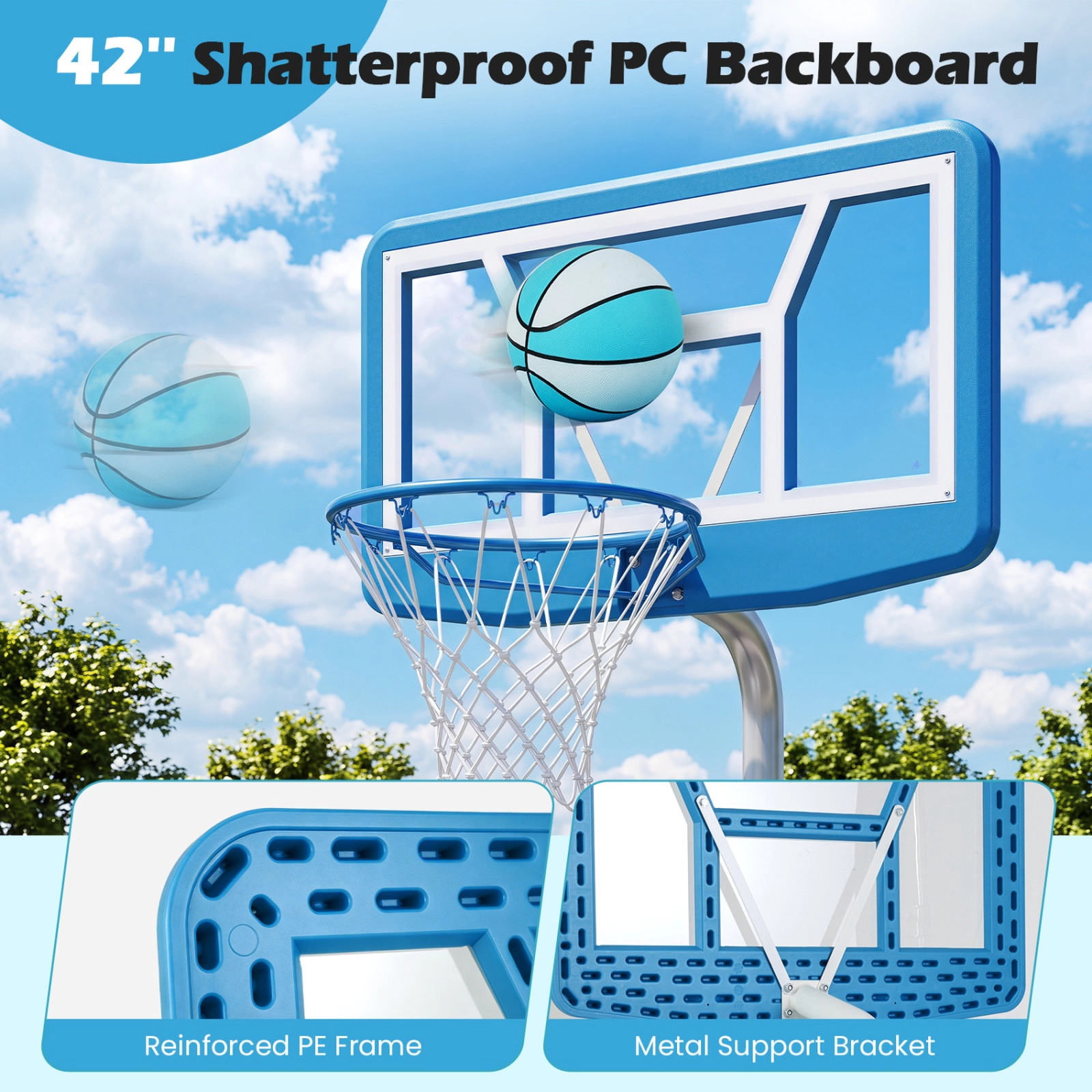 SUGIFT Kids Light Blue Pool Basketball Hoop Set with 2 Balls and Inflation Pump 42-in Backboard W 3.2-ft Rim H