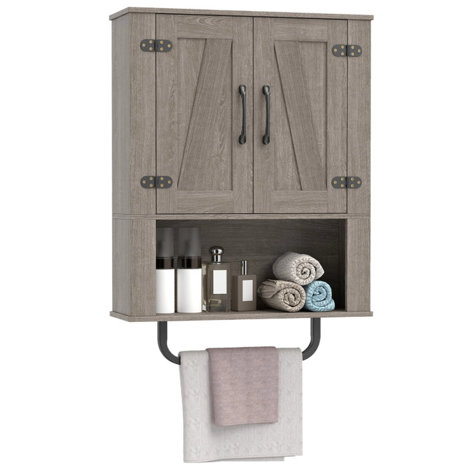 SUGIFT 2 Barn Doors Towel Bar 3-Tier Wall Mount Bathroom Storage Cabinet 24-in x 8-in x 33-in 11-lb per Shelf Gray