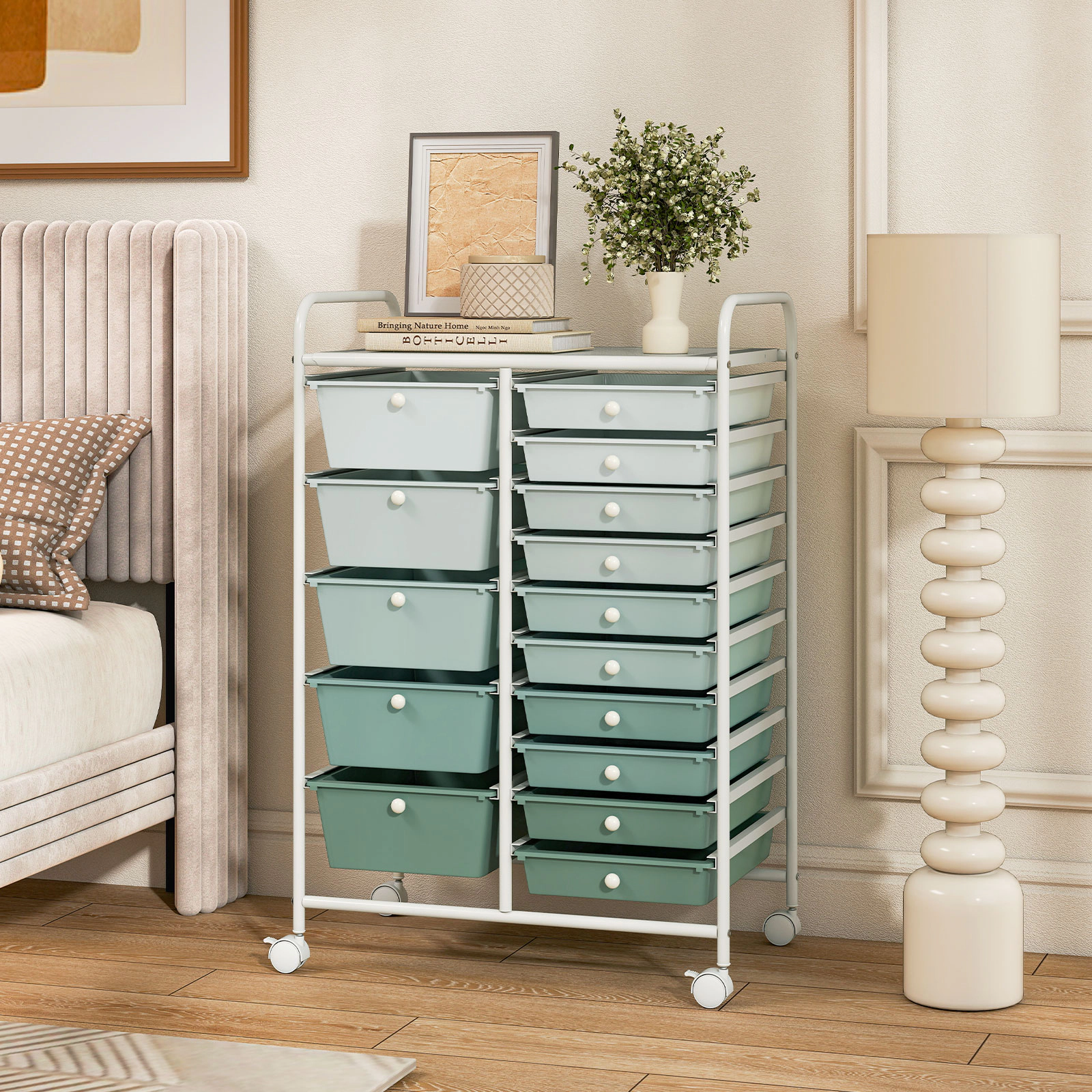 SUGIFT 15-Drawer Rolling Utility Storage Cart with Plastic Drawers 22-lb Top Capacity Lime Green