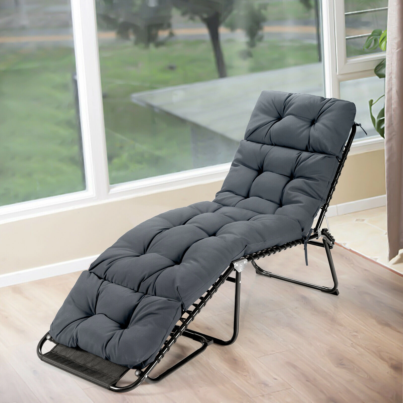 SUGIFT Gray Cotton Filled Outdoor Chaise Lounge Cushion with String Ties and Head Pillow 73-in W 22-in D 4-in H