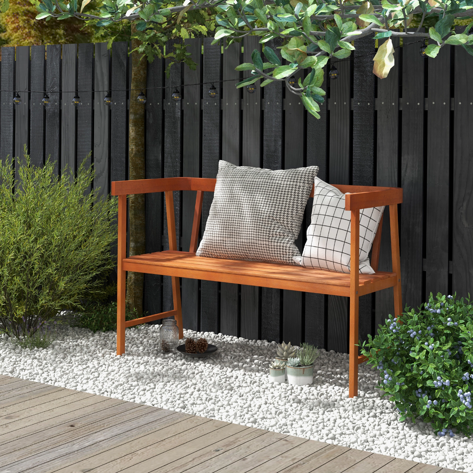 SUGIFT 43-Inch Natural Eucalyptus Wood Outdoor Bench, 2-Seat, Backrest and Wrap-Around Arms