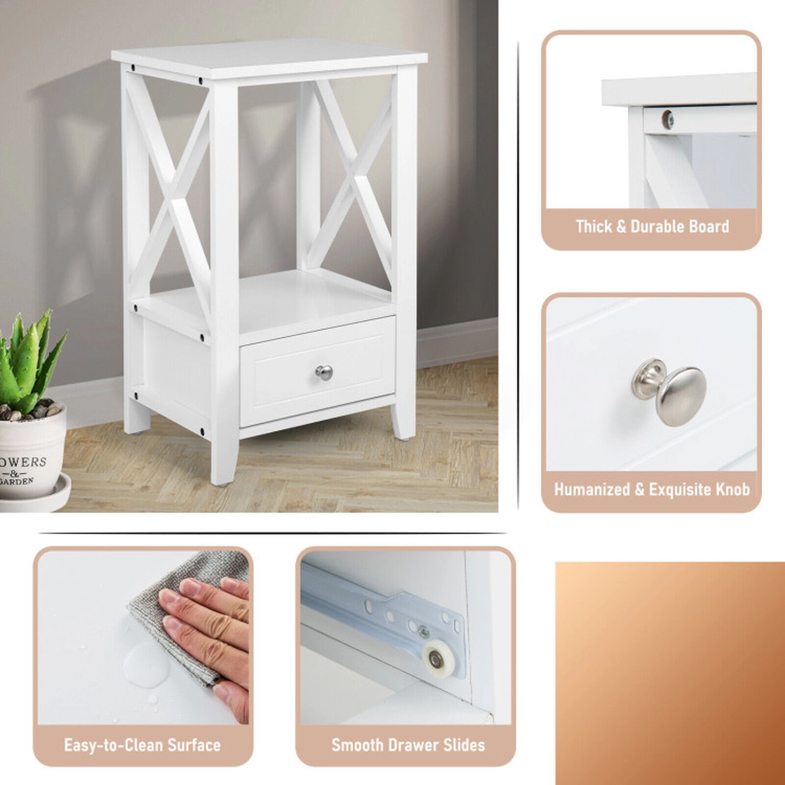 SUGIFT 2-Tier MDF Nightstand with Storage Drawer and Open Shelf 66-lb Tabletop Capacity White