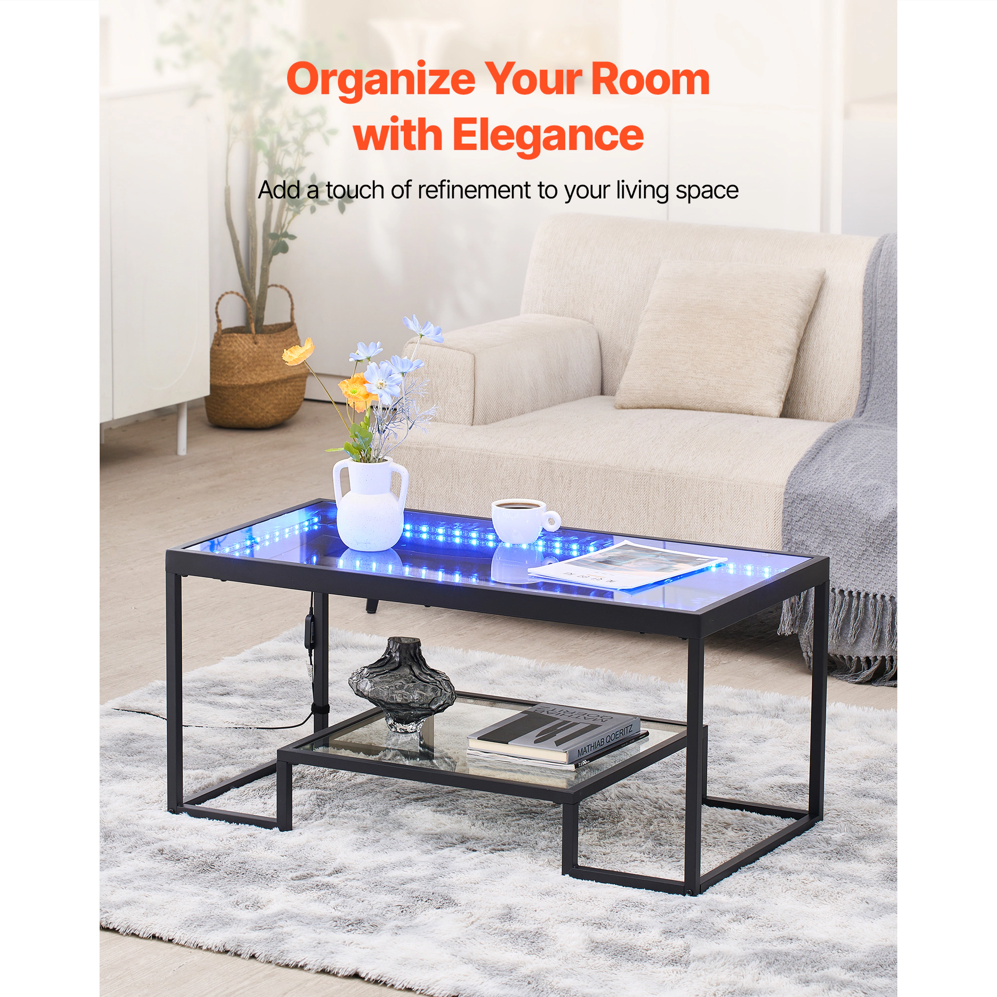 HONGGE Coffee Table Modern Tempered Glass Coffee Table with 2 Tiers Rectangle Glass Center Desk with Open Storage