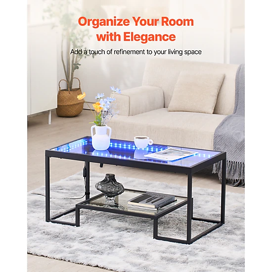 HONGGE Coffee Table Modern Tempered Glass Coffee Table with 2 Tiers Rectangle Glass Center Desk with Open Storage
