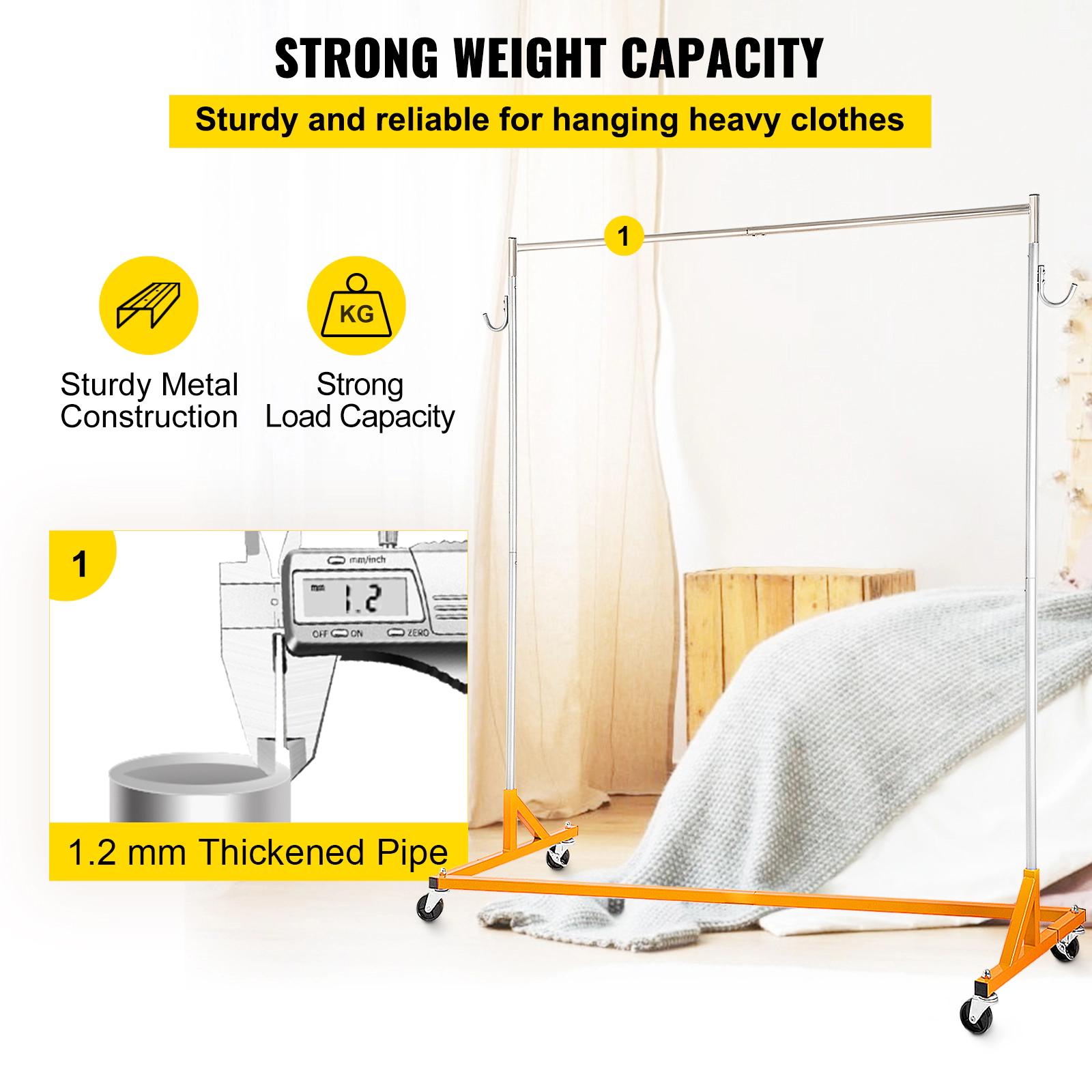 HONGGE Industrial Grade Z Base Garment Rack with Lockable Casters for Home Clothing Store Display