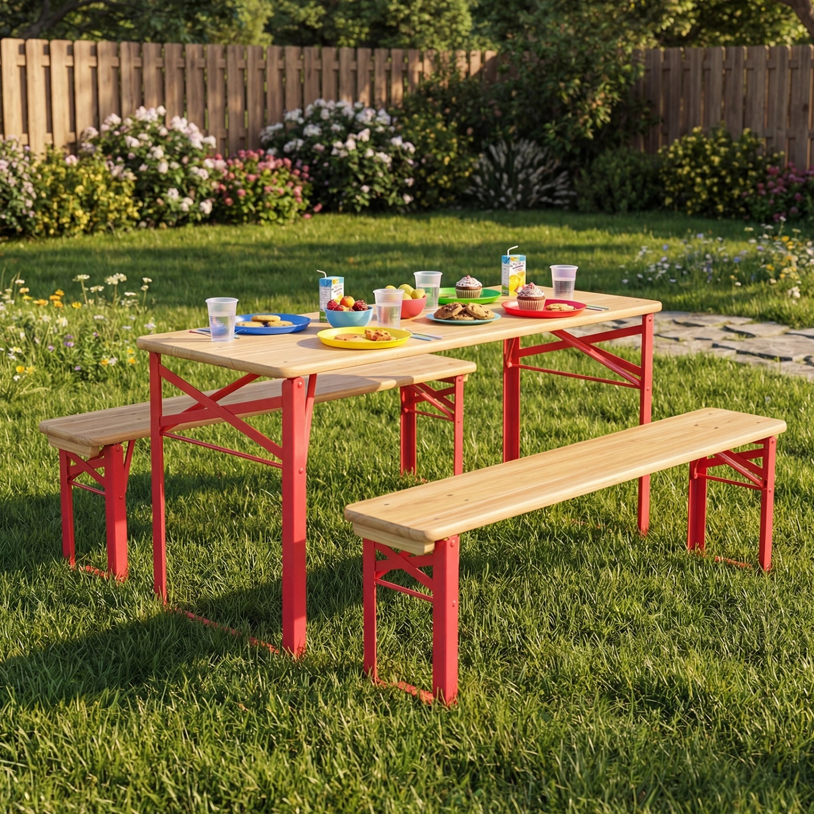 SUGIFT Folding Kids Picnic Table and Bench Set 110-lb Table 330-lb Bench Capacity Ages 3-8 Red and Natural