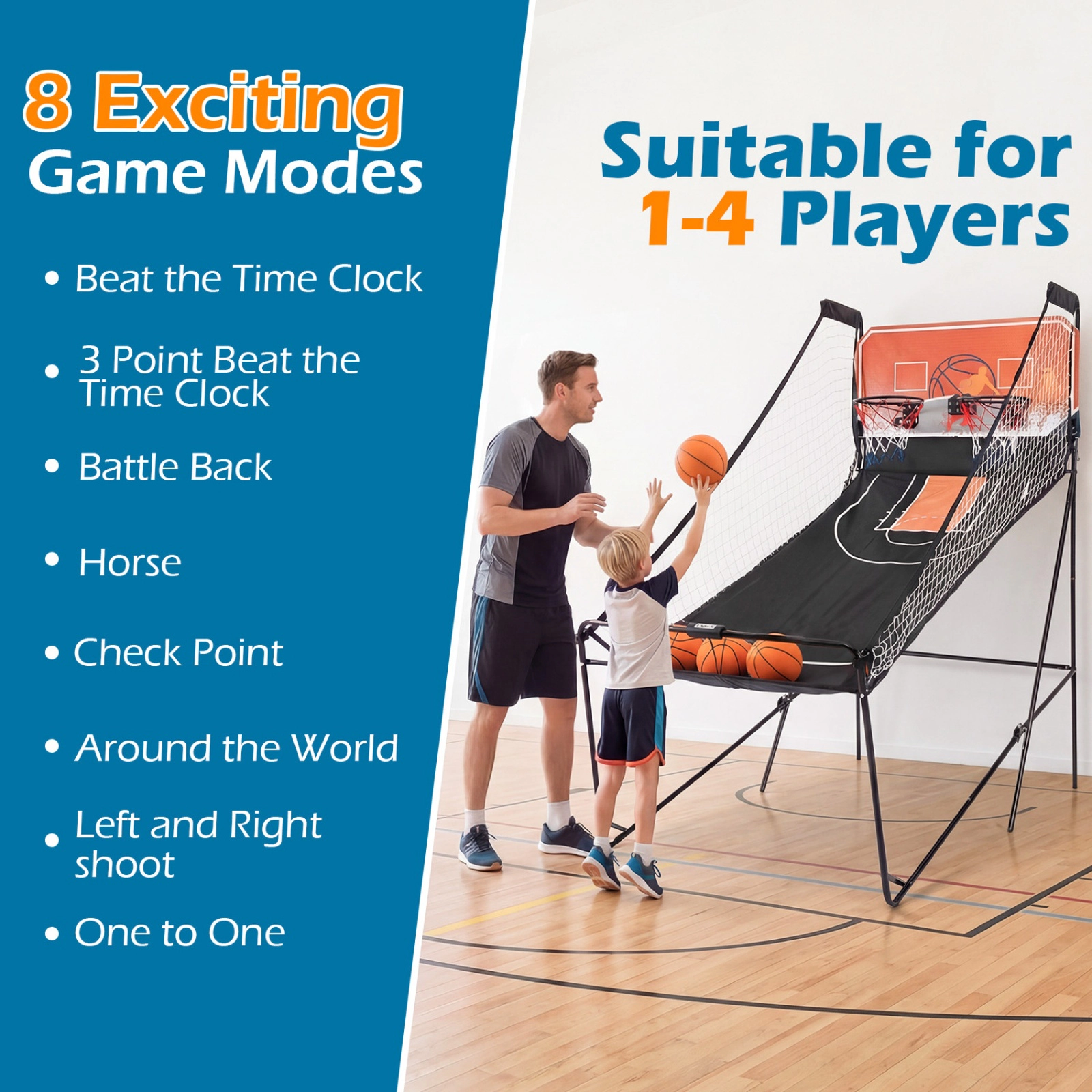 SUGIFT Foldable Kids Basketball Arcade Machine with 8 Playing Modes Electronic Scoring 4 Balls and Pump