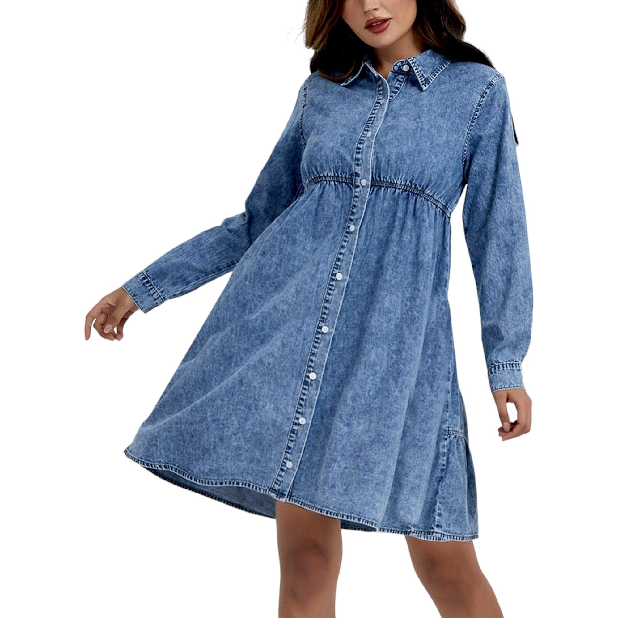 Anna-Kaci Women's Button Front Tiered Denim Shirt Dress