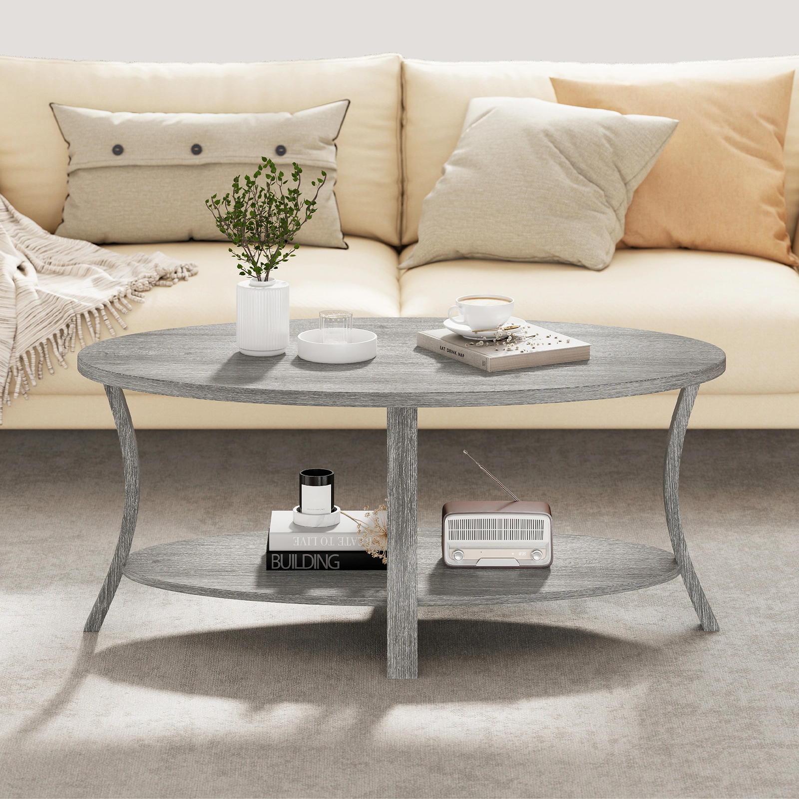 LJG Oval Coffee Table 2-Tier Center Table with Storage Shelf