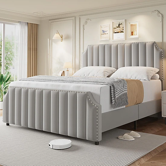 BebreezChic Upholstered Velvet Channel Tufted Tall Headboard Nailhead ...