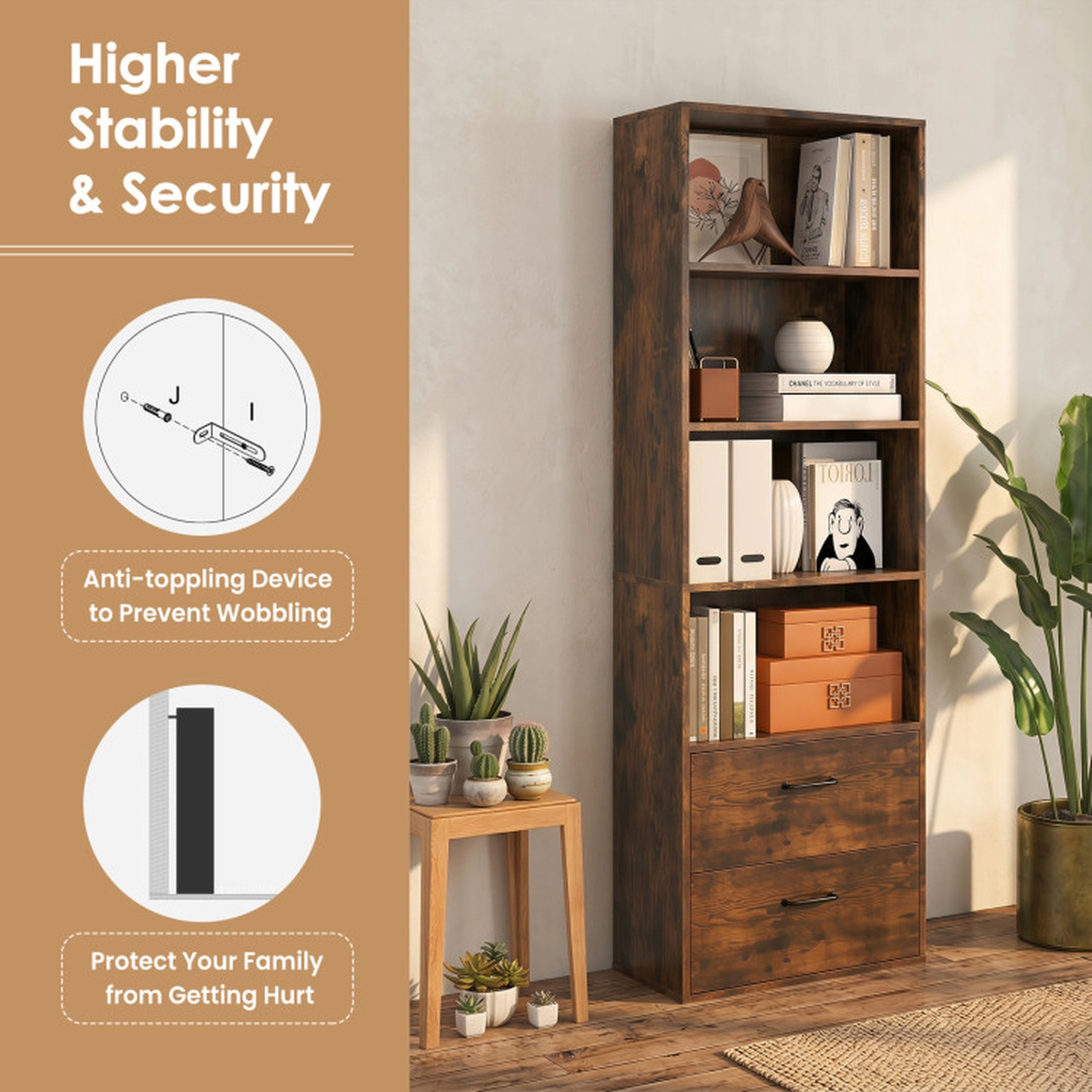 SUGIFT 6-Tier Rustic Brown 74-in Tall Freestanding Bookshelf with 2 Drawers and 4 Open Shelves for Office